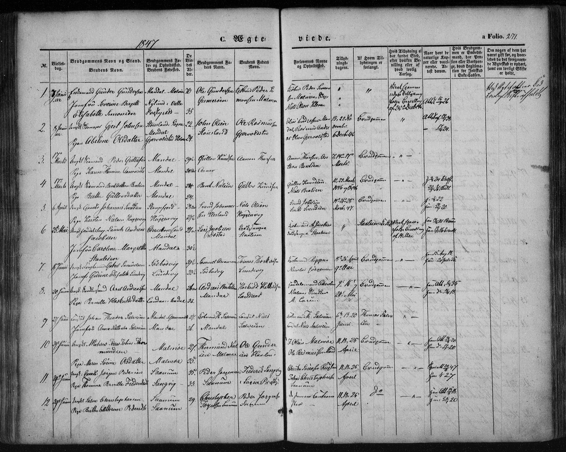 Mandal sokneprestkontor, SAK/1111-0030/F/Fa/Faa/L0013: Parish register (official) no. A 13, 1847-1859, p. 271