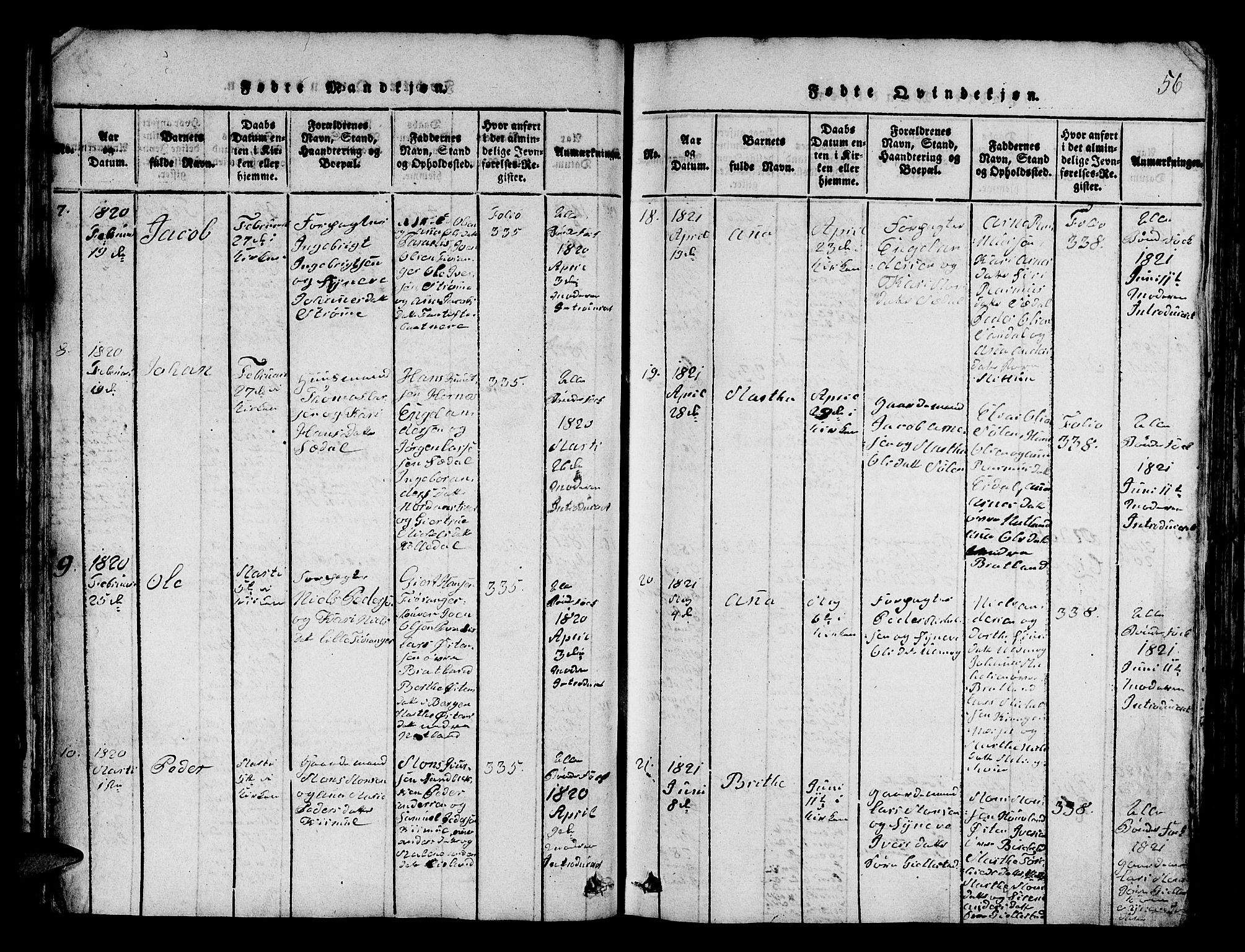 Fana Sokneprestembete, AV/SAB-A-75101/H/Hab/Haba/L0001: Parish register (copy) no. A 1, 1816-1836, p. 56