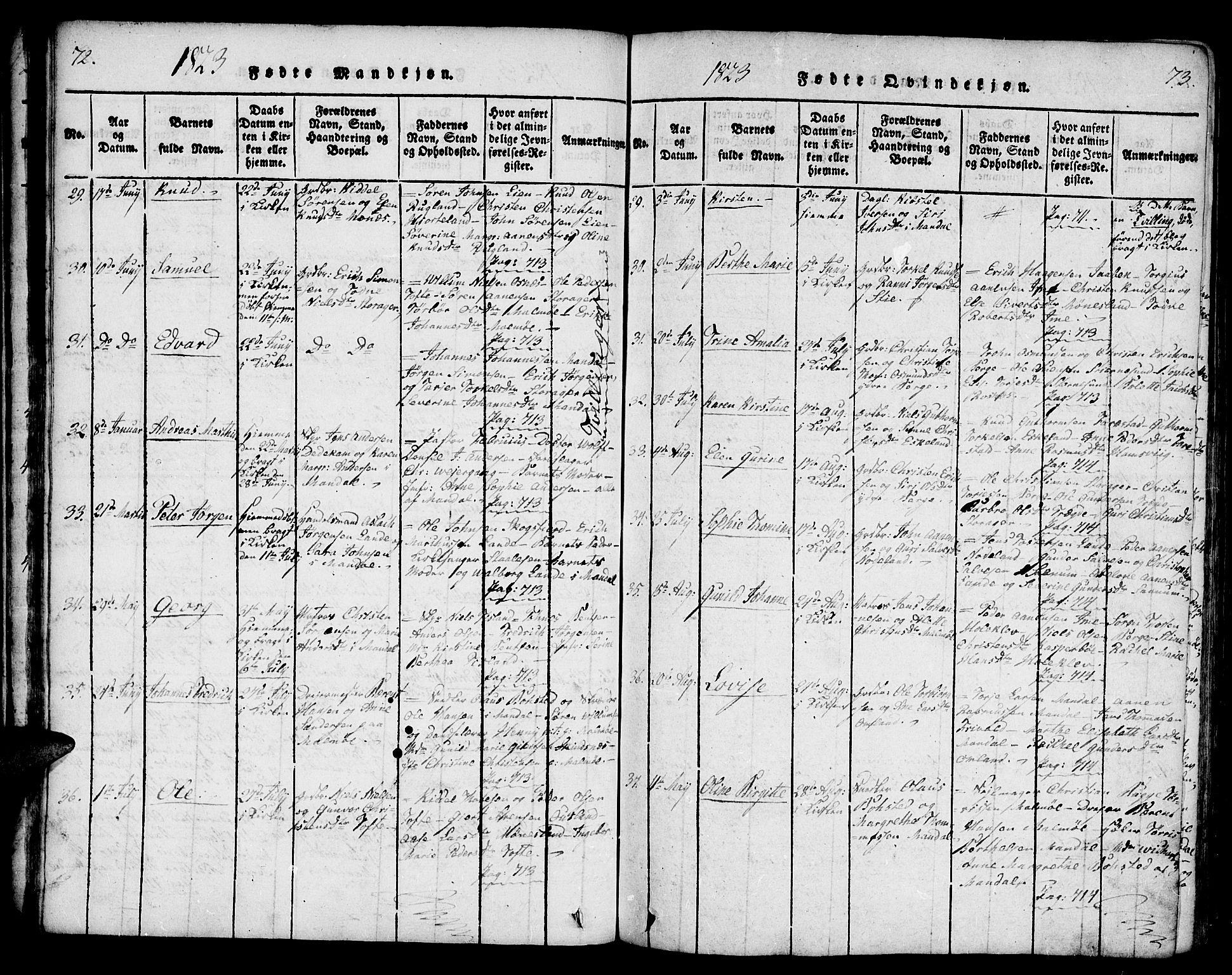 Mandal sokneprestkontor, SAK/1111-0030/F/Fa/Faa/L0010: Parish register (official) no. A 10, 1817-1830, p. 72-73