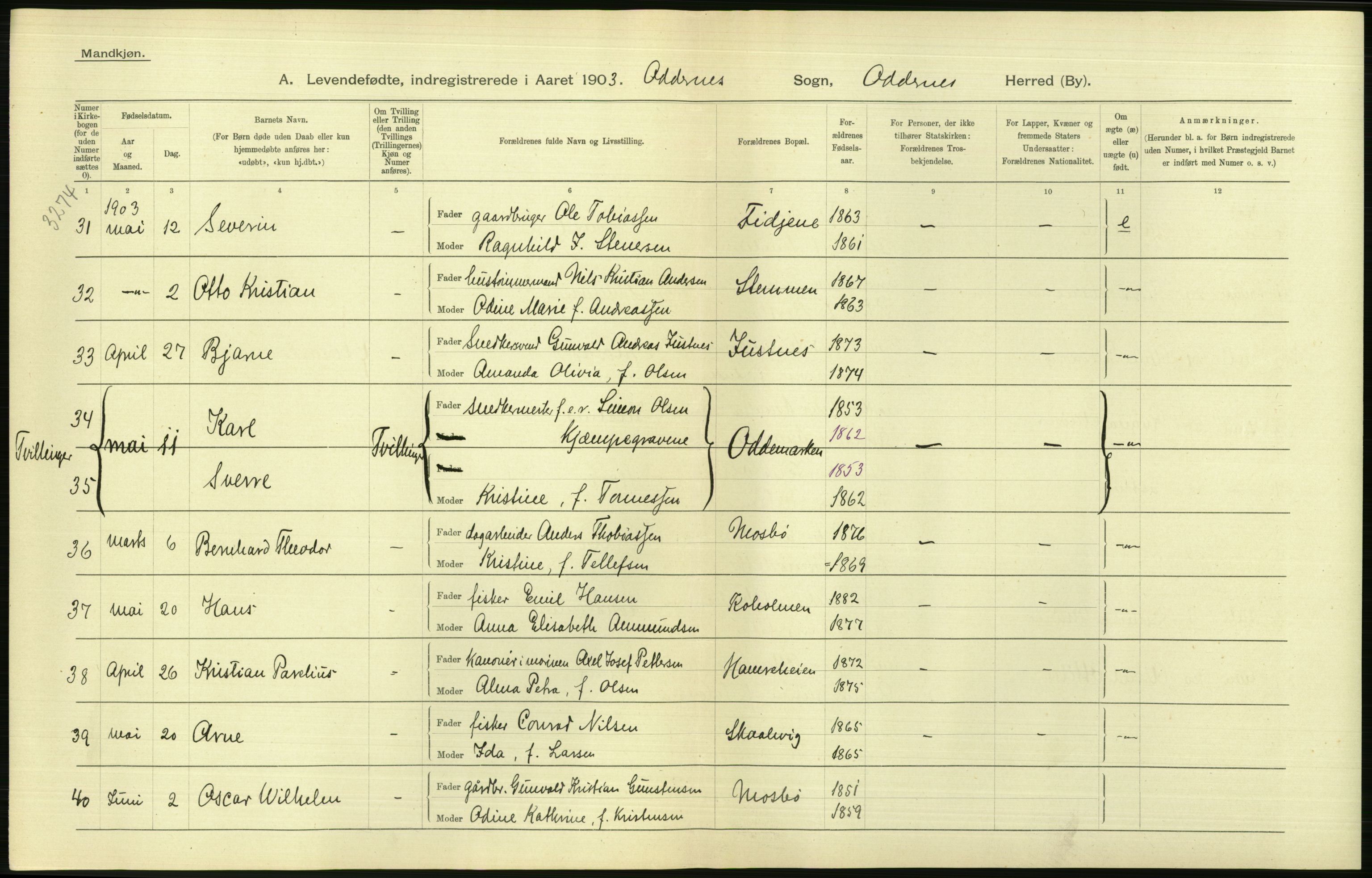 Statistisk sentralbyrå, Sosiodemografiske emner, Befolkning, AV/RA-S-2228/D/Df/Dfa/Dfaa/L0011: Lister og Mandal amt: Fødte, gifte, døde, 1903, p. 188