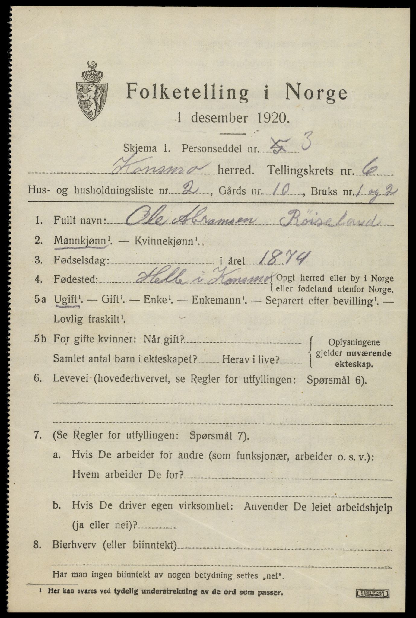 SAK, 1920 census for Konsmo, 1920, p. 1410