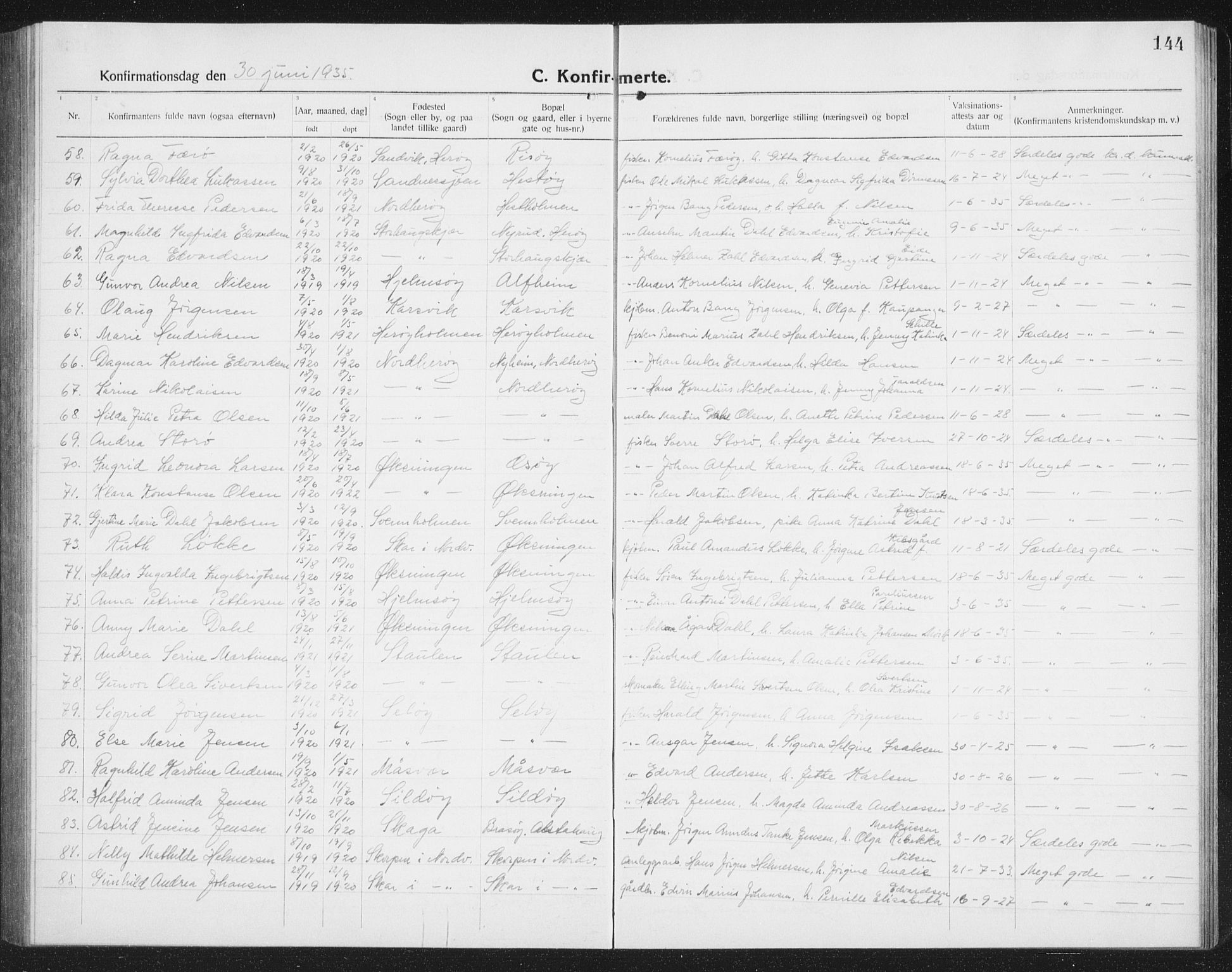 Ministerialprotokoller, klokkerbøker og fødselsregistre - Nordland, SAT/A-1459/834/L0517: Parish register (copy) no. 834C07, 1919-1939, p. 144