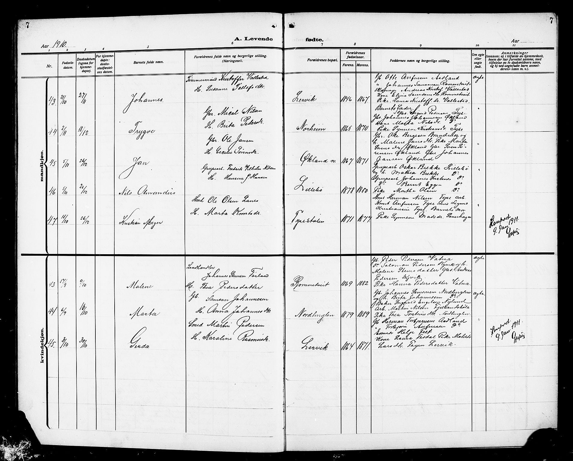 Stord sokneprestembete, AV/SAB-A-78201/H/Hab: Parish register (copy) no. A 3, 1910-1919, p. 7