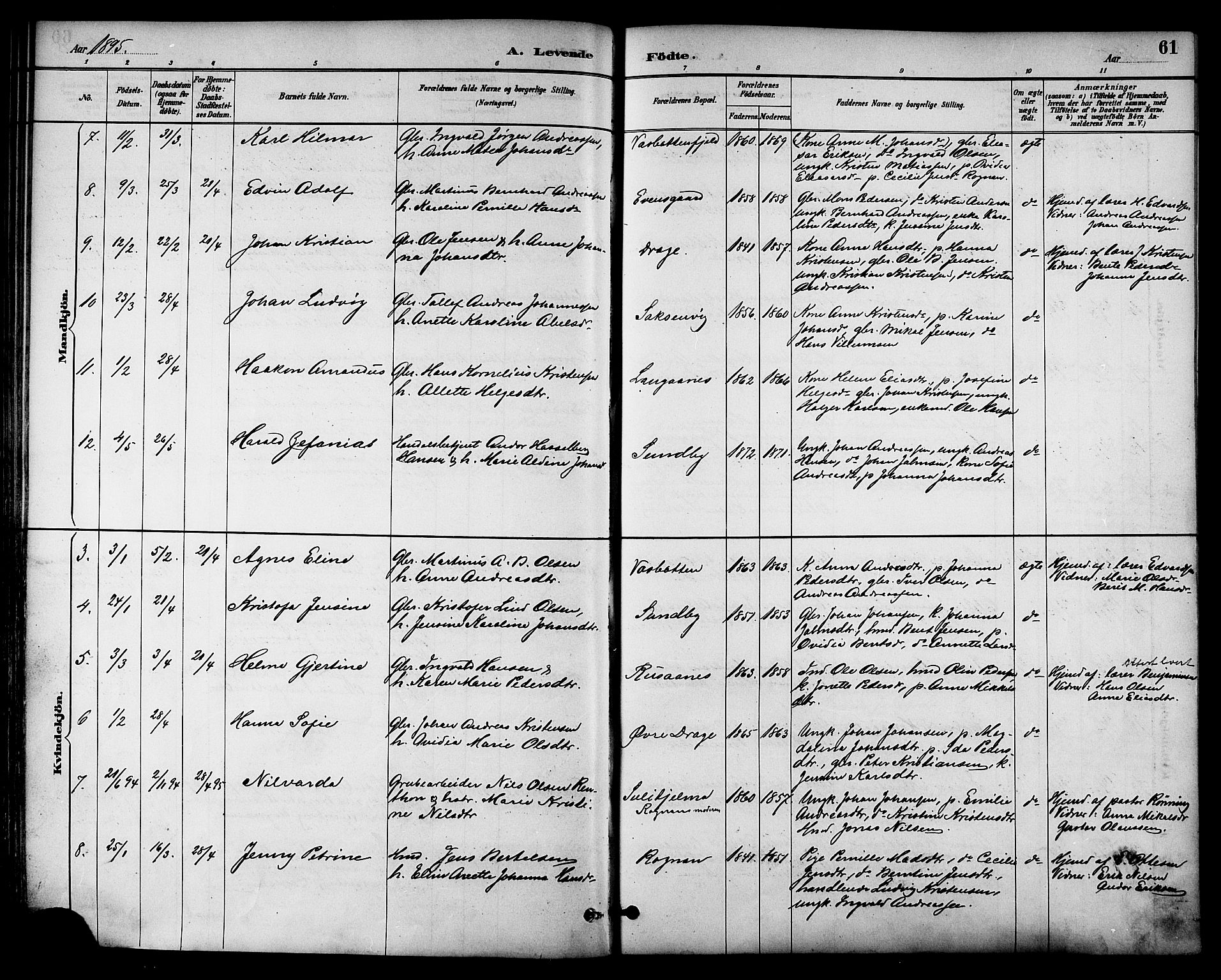 Ministerialprotokoller, klokkerbøker og fødselsregistre - Nordland, AV/SAT-A-1459/847/L0669: Parish register (official) no. 847A09, 1887-1901, p. 61