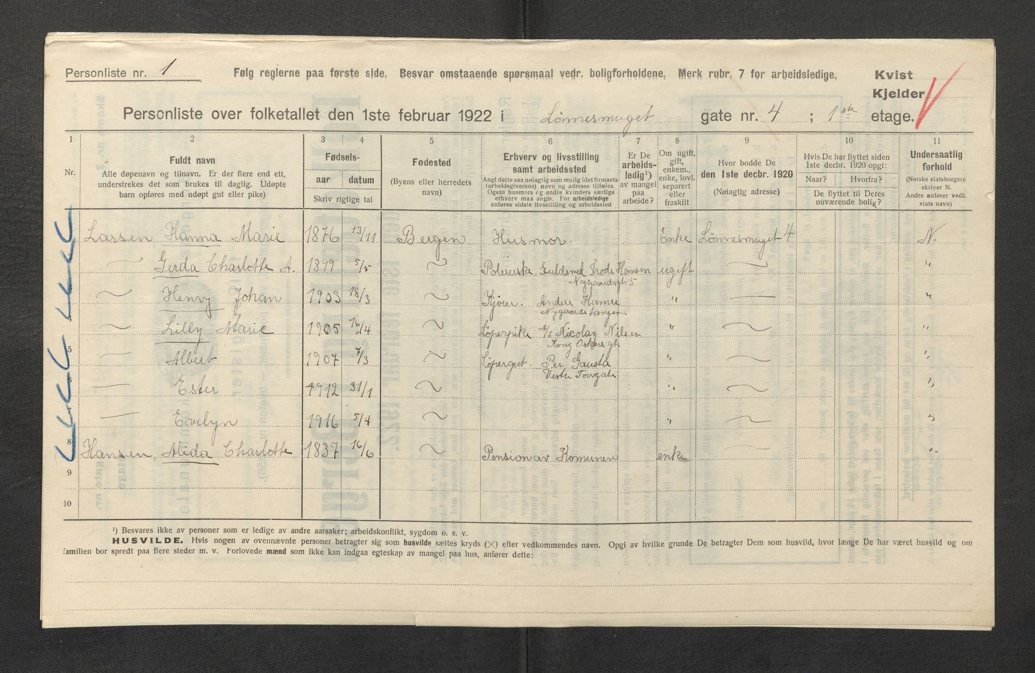 SAB, Municipal Census 1922 for Bergen, 1922, p. 23305