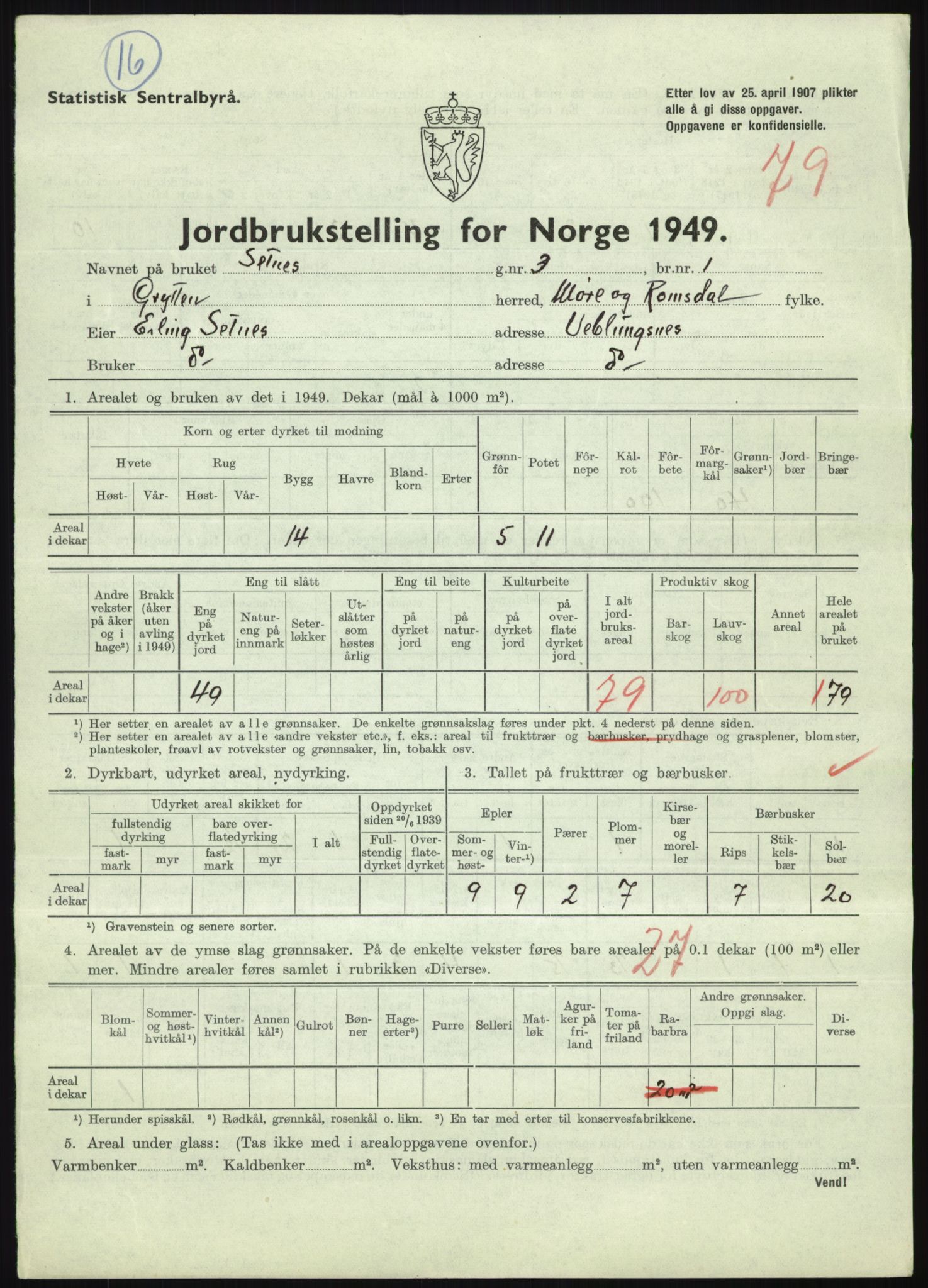 Statistisk sentralbyrå, Næringsøkonomiske emner, Jordbruk, skogbruk, jakt, fiske og fangst, AV/RA-S-2234/G/Gc/L0323: Møre og Romsdal: Grytten og Hen, 1949, p. 327