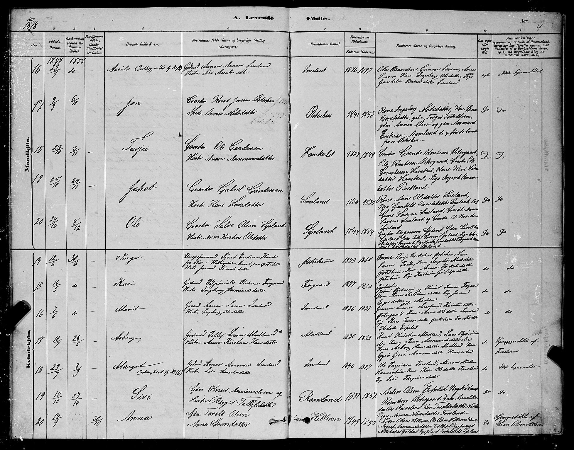 Åseral sokneprestkontor, AV/SAK-1111-0051/F/Fb/L0002: Parish register (copy) no. B 2, 1878-1899, p. 4