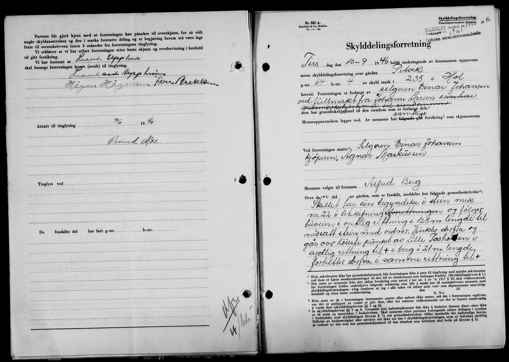 Lofoten sorenskriveri, SAT/A-0017/1/2/2C/L0014a: Mortgage book no. 14a, 1946-1946, Diary no: : 1392/1946