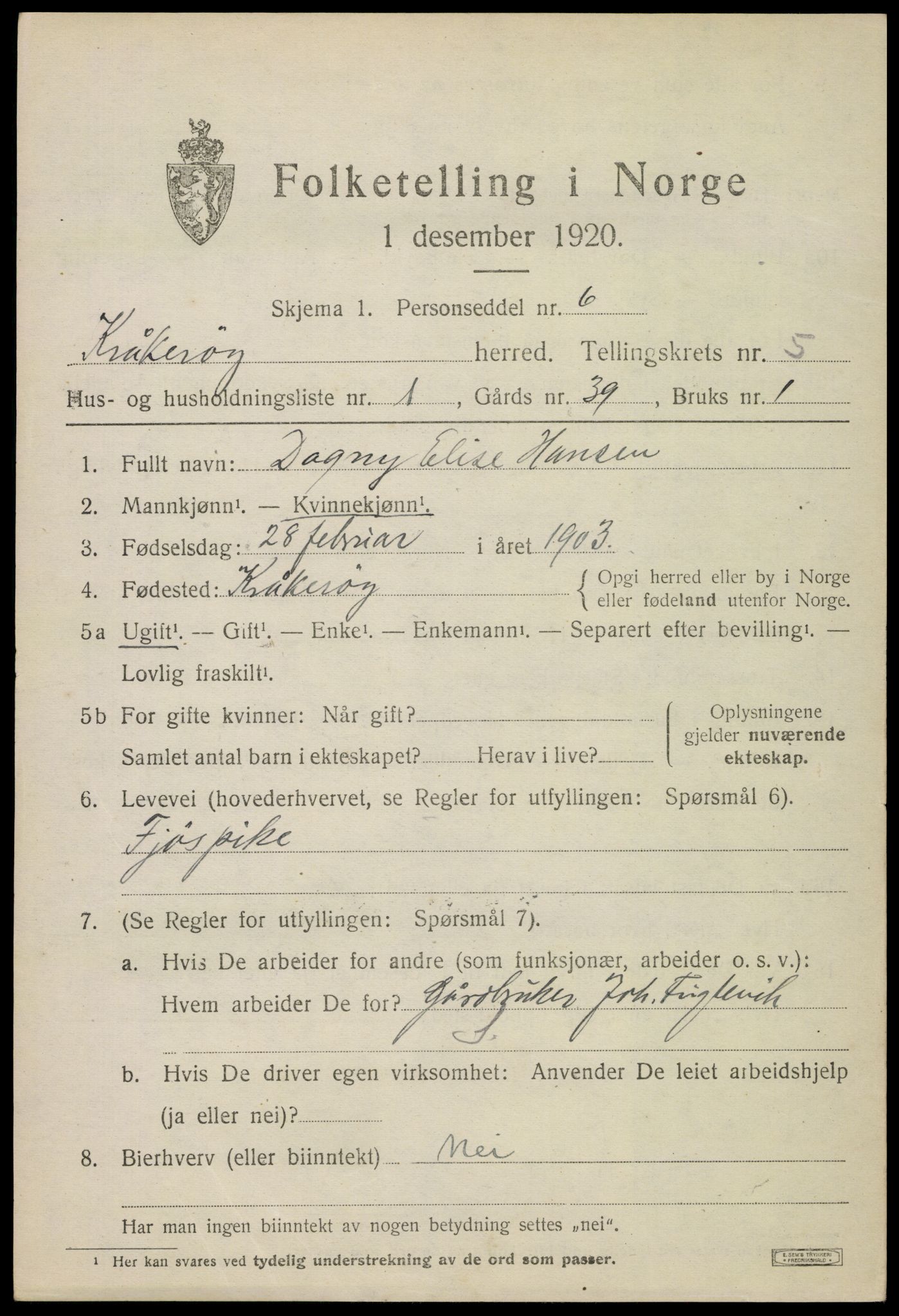 SAO, 1920 census for Kråkerøy, 1920, p. 5796