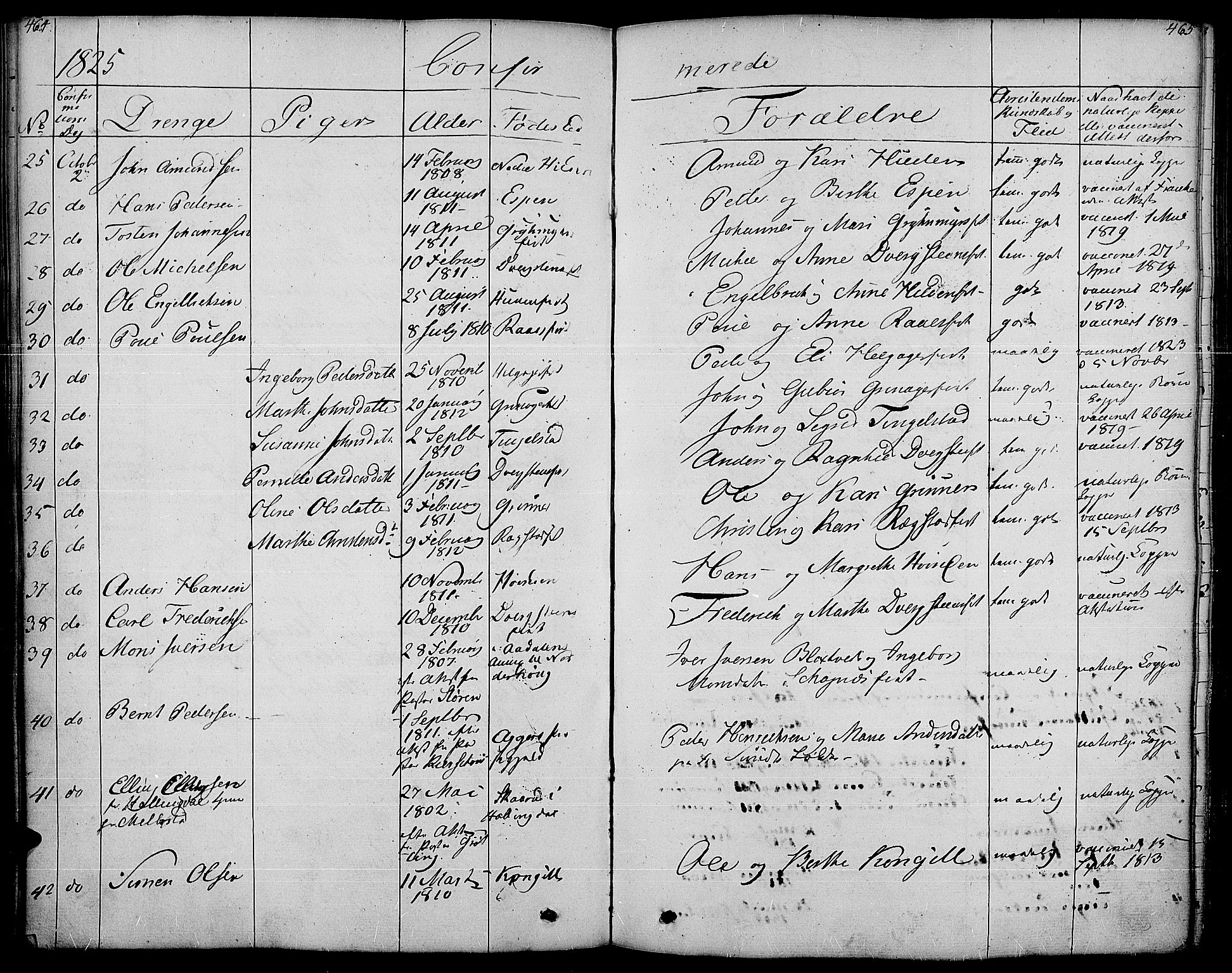 Gran prestekontor, SAH/PREST-112/H/Ha/Haa/L0010: Parish register (official) no. 10, 1824-1842, p. 464-465