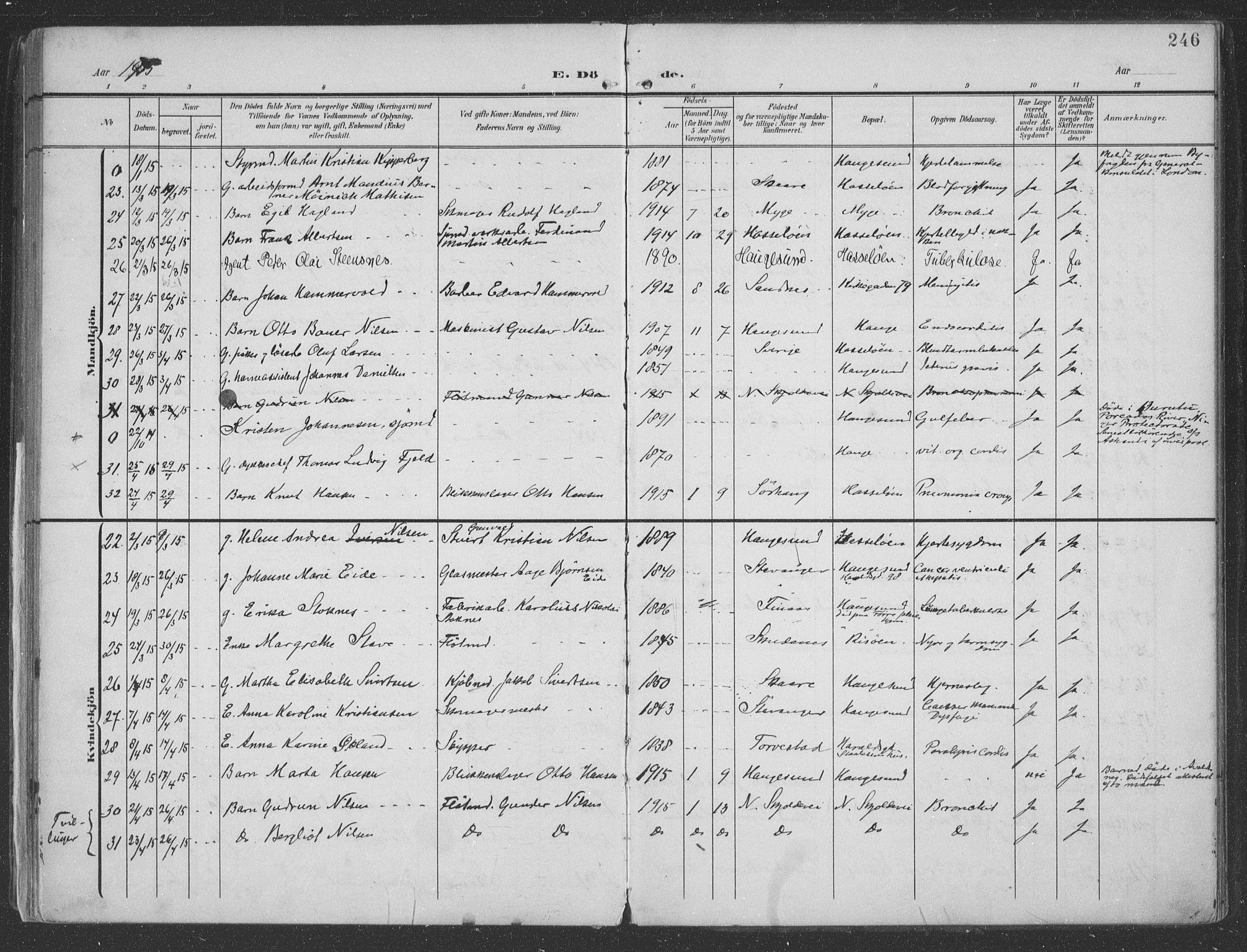 Haugesund sokneprestkontor, AV/SAST-A -101863/H/Ha/Haa/L0007: Parish register (official) no. A 7, 1904-1916, p. 246