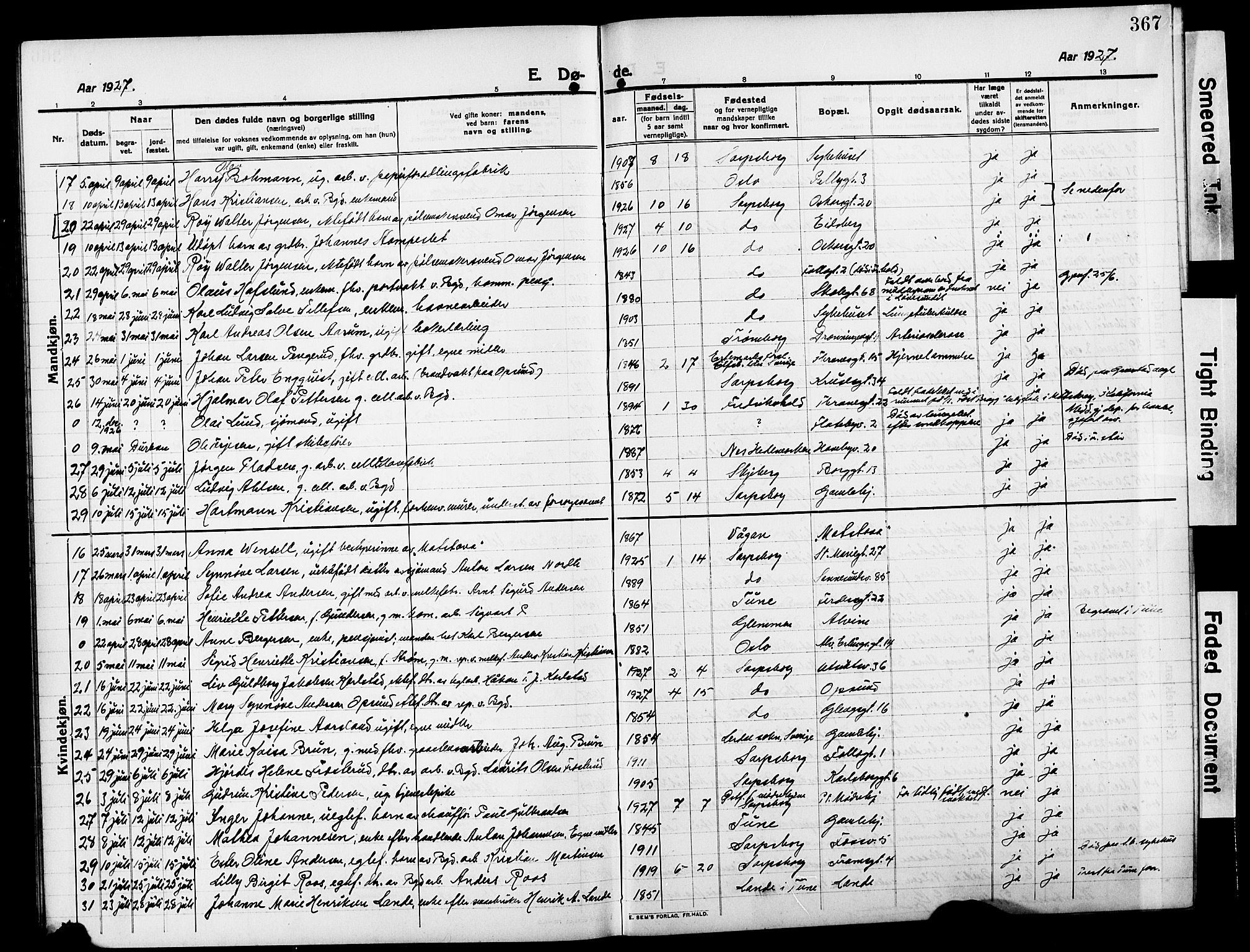 Sarpsborg prestekontor Kirkebøker, AV/SAO-A-2006/G/Ga/L0002: Parish register (copy) no. 2, 1912-1931, p. 367