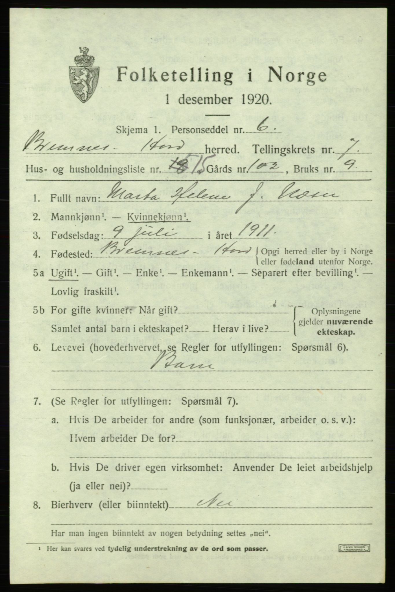 SAB, 1920 census for Bremnes, 1920, p. 4206