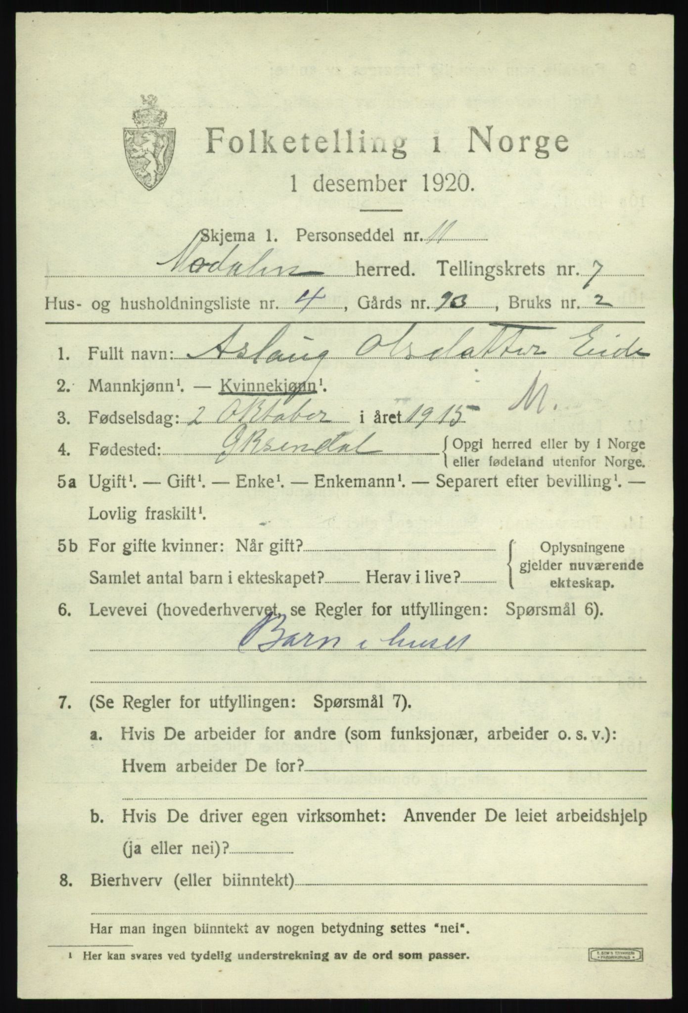 SAB, 1920 census for Modalen, 1920, p. 1448