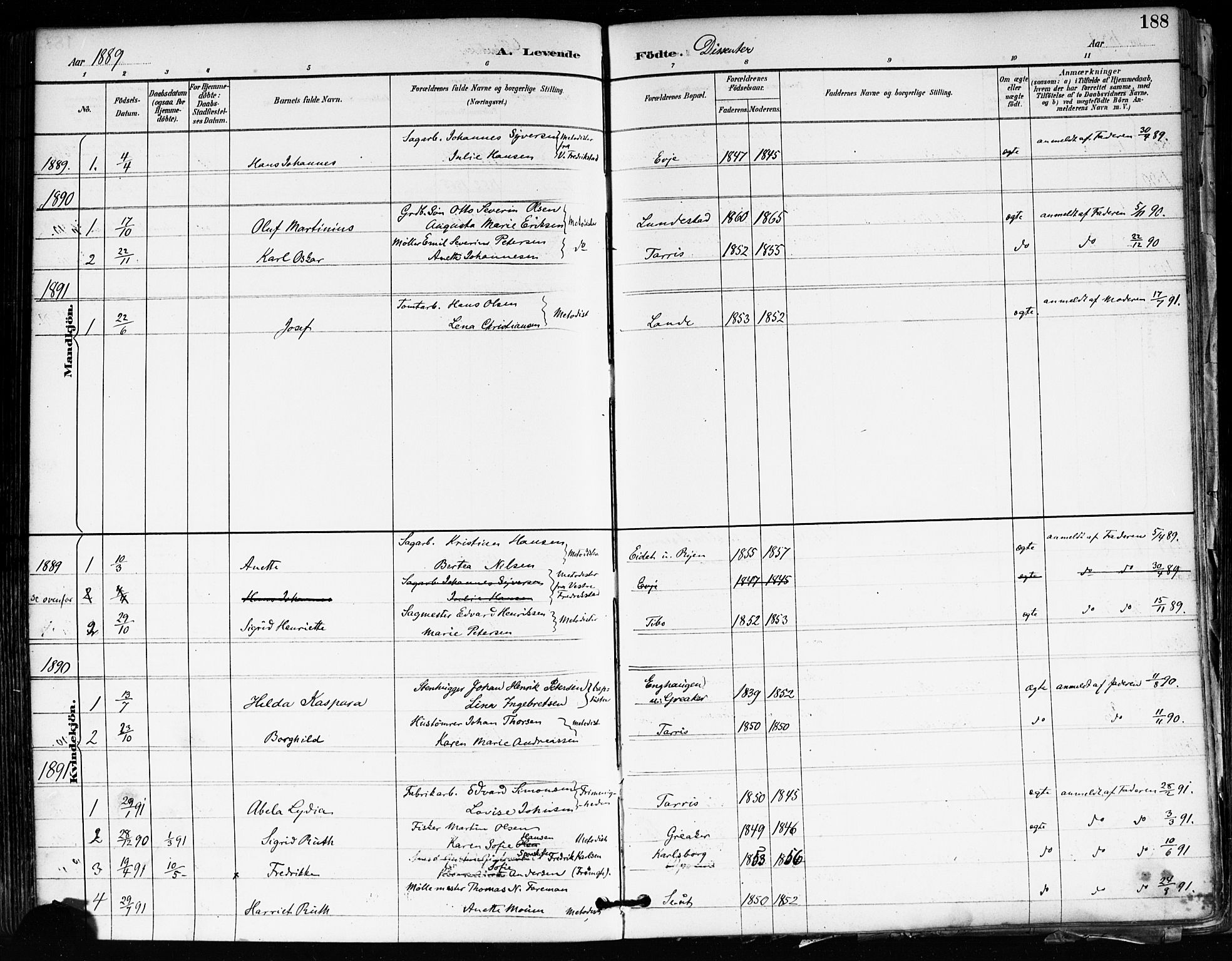 Tune prestekontor Kirkebøker, SAO/A-2007/F/Fa/L0018: Parish register (official) no. 18, 1887-1898, p. 188