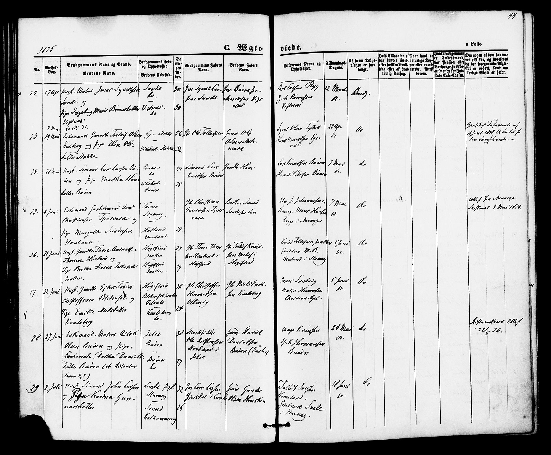 Hetland sokneprestkontor, AV/SAST-A-101826/30/30BA/L0005: Parish register (official) no. A 5, 1869-1884, p. 44