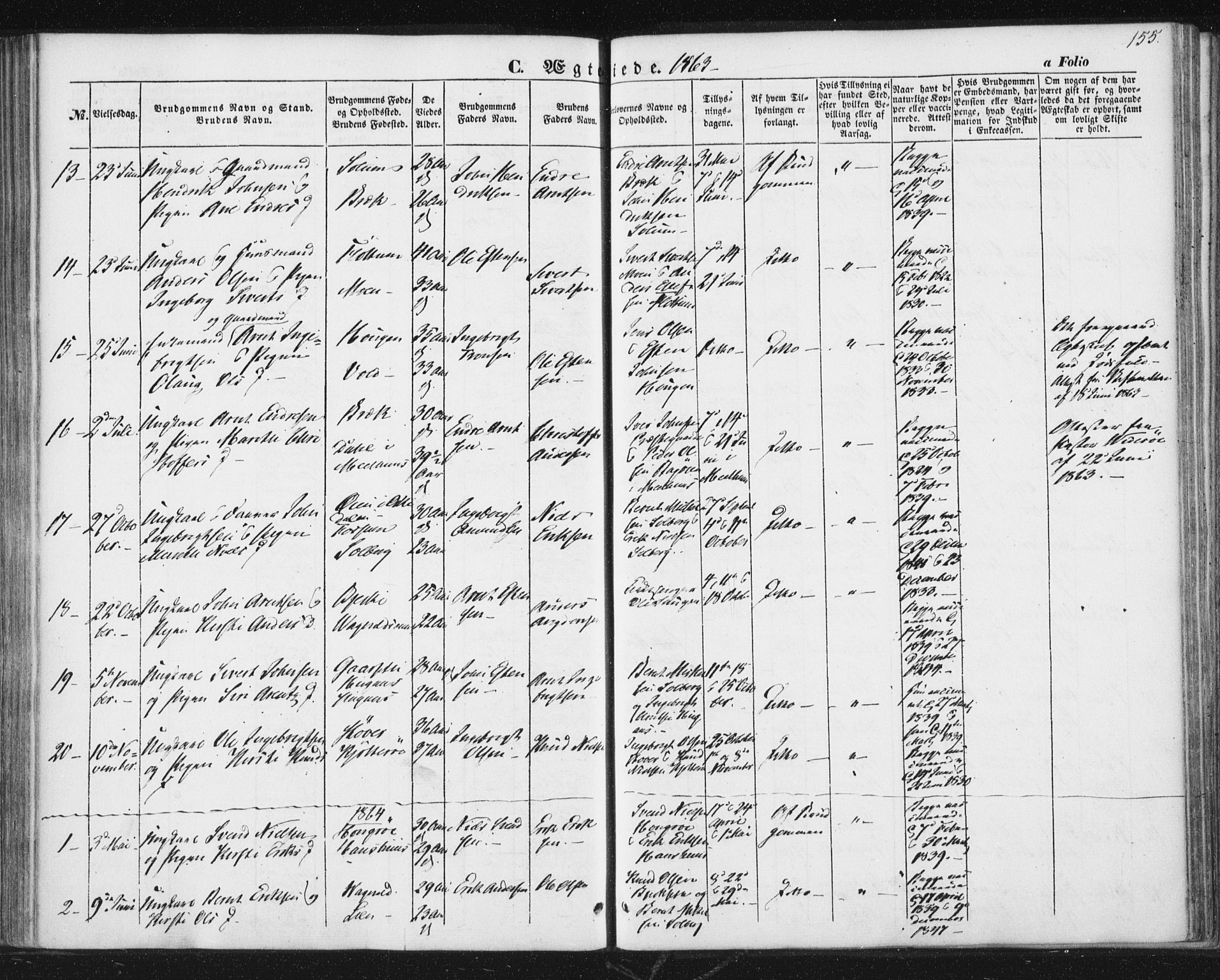 Ministerialprotokoller, klokkerbøker og fødselsregistre - Sør-Trøndelag, SAT/A-1456/689/L1038: Parish register (official) no. 689A03, 1848-1872, p. 155