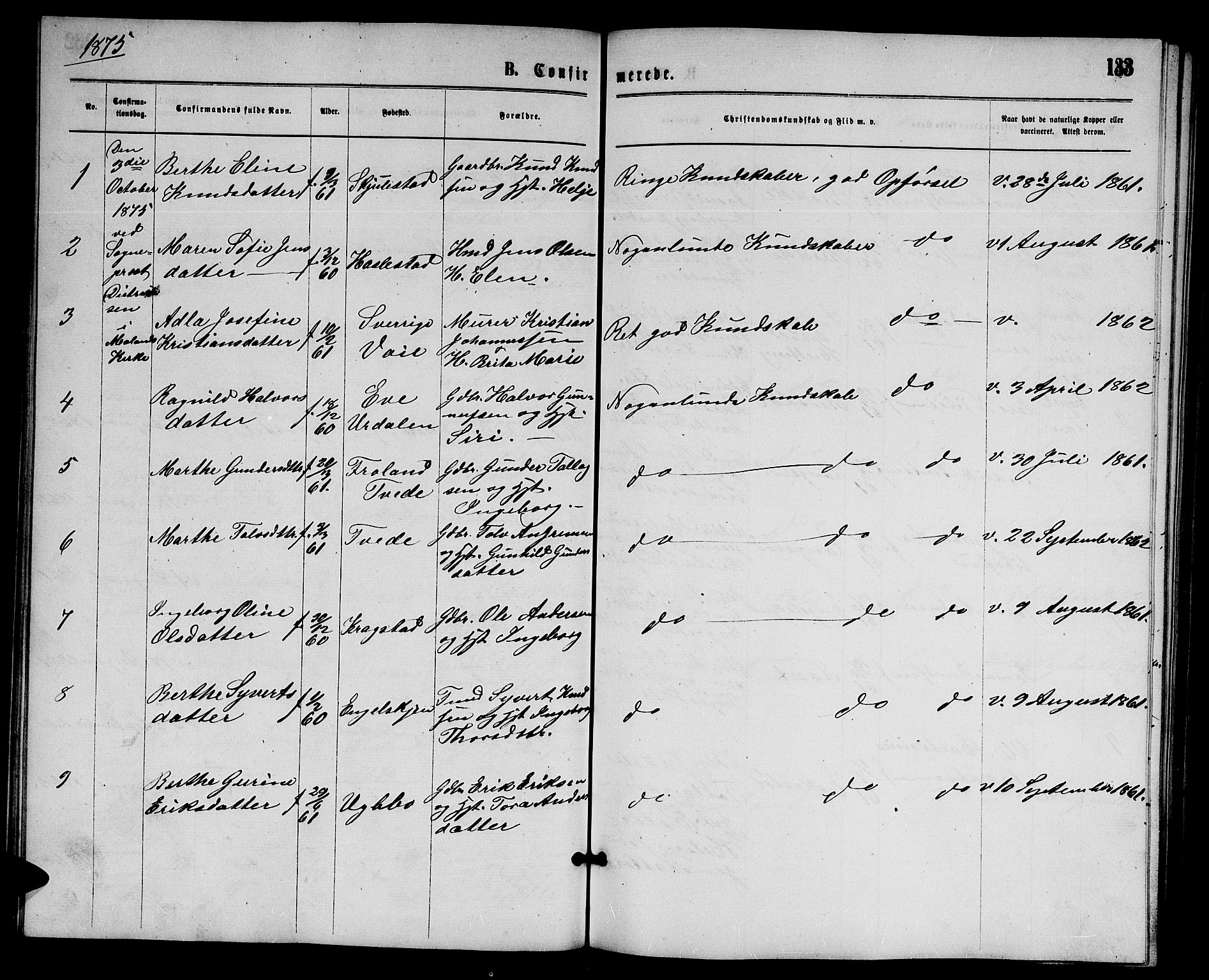 Austre Moland sokneprestkontor, SAK/1111-0001/F/Fb/Fba/L0002: Parish register (copy) no. B 2, 1869-1879, p. 133