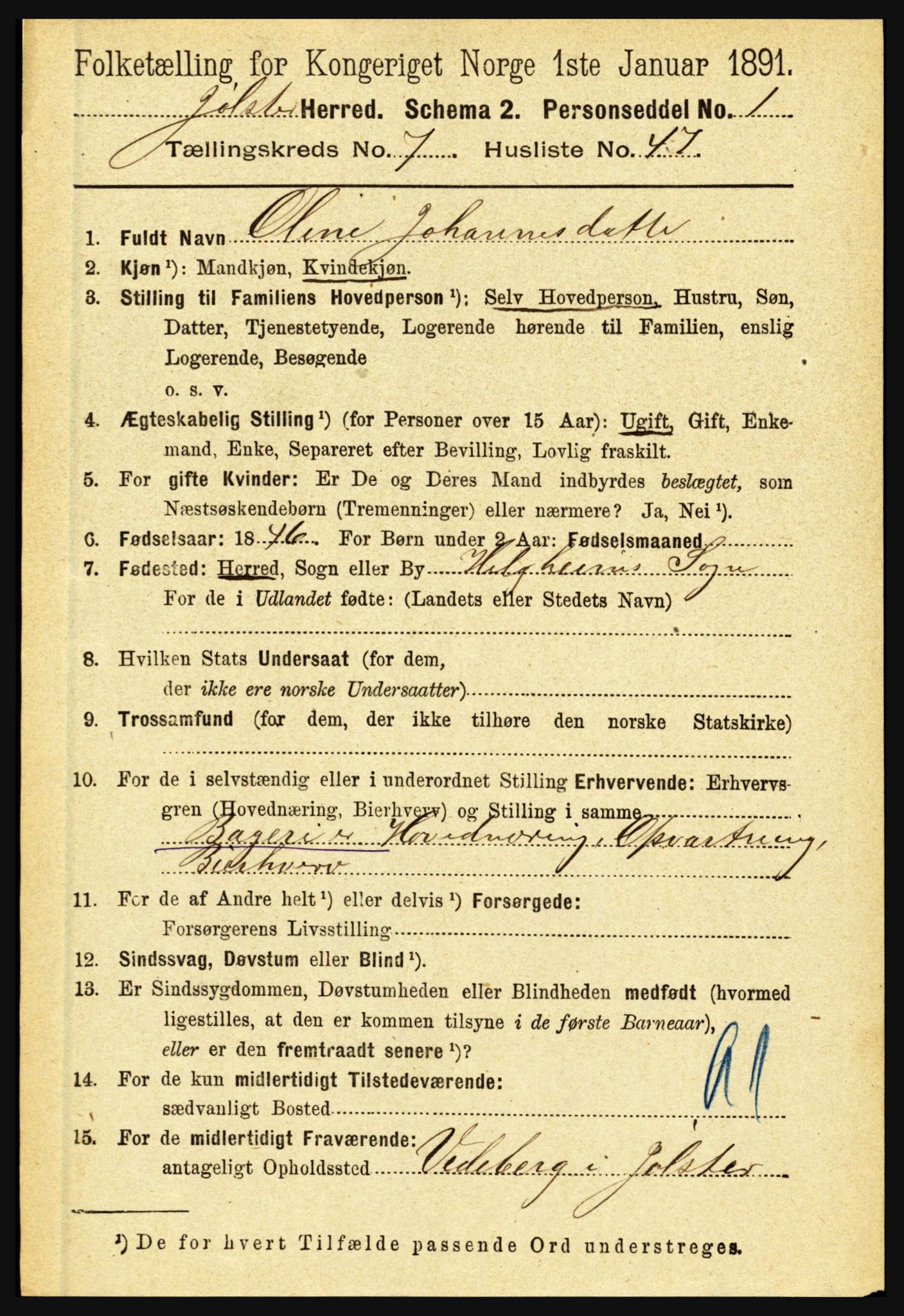 RA, 1891 census for 1431 Jølster, 1891, p. 2760