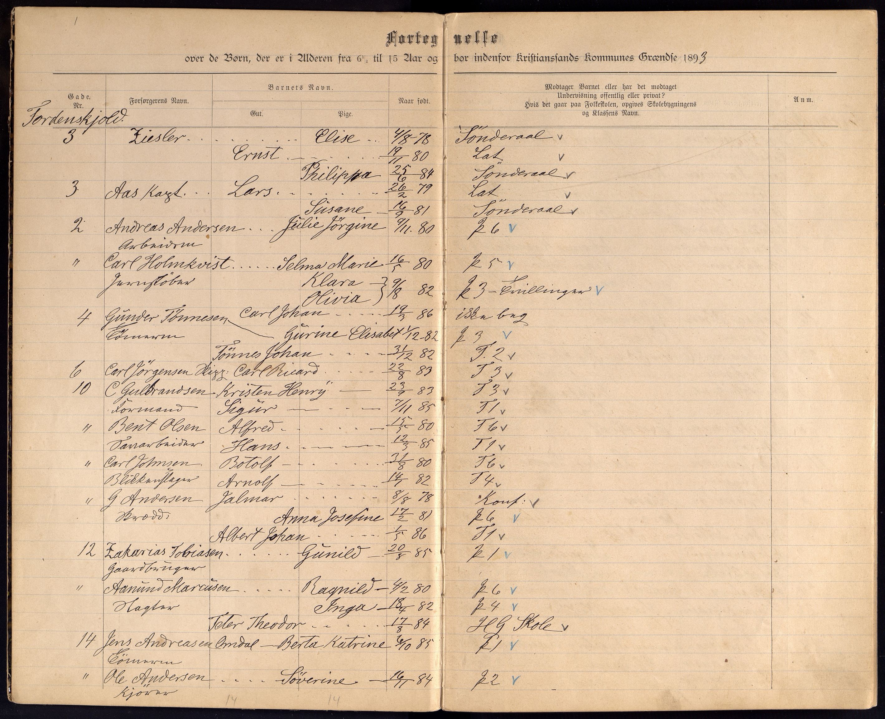 Kristiansand By - Skolekommisjonen/ -Styret, ARKSOR/1001KG510/J/Jb/L0003: Barnetelling, 1893