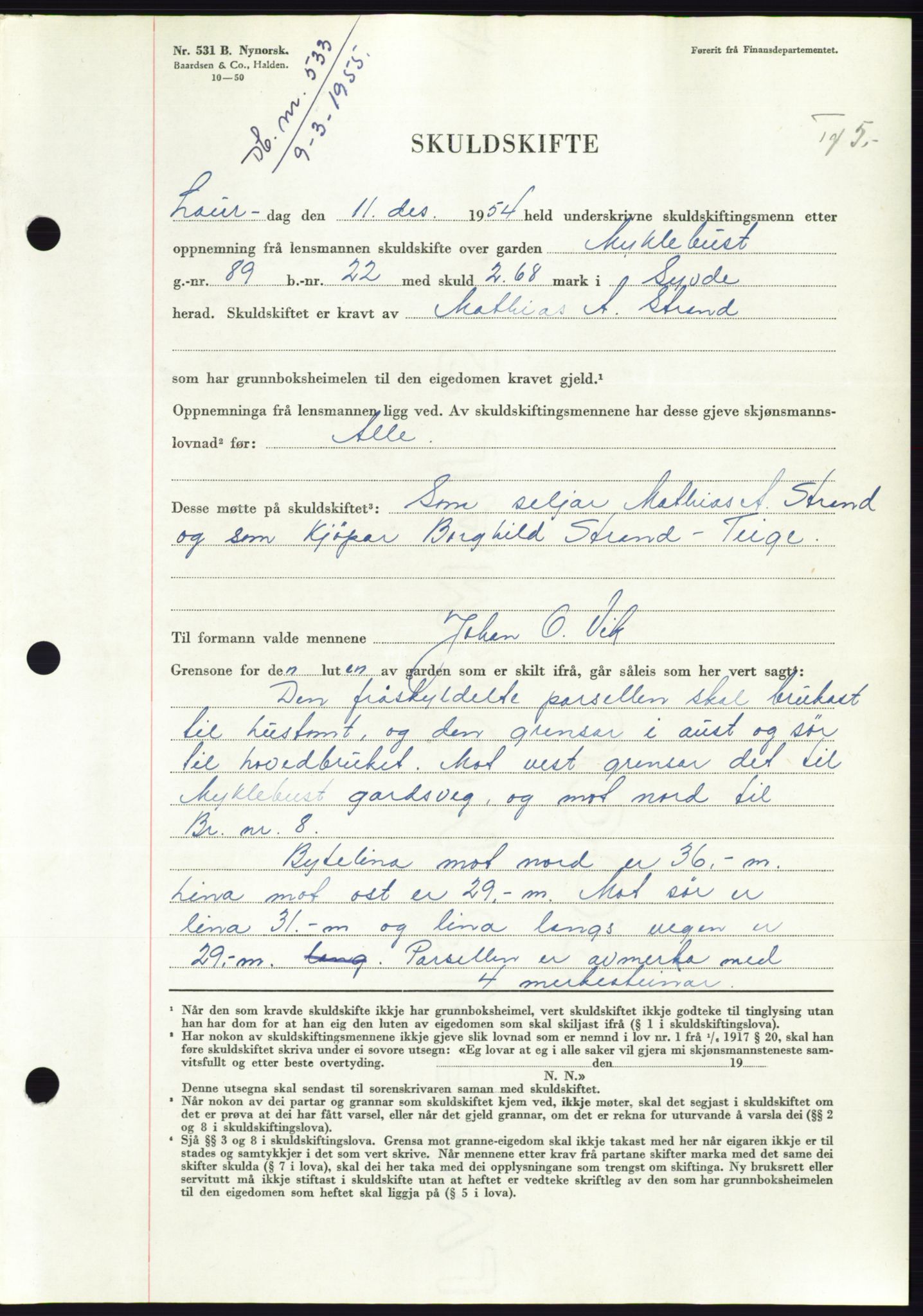 Søre Sunnmøre sorenskriveri, AV/SAT-A-4122/1/2/2C/L0100: Mortgage book no. 26A, 1954-1955, Diary no: : 533/1955