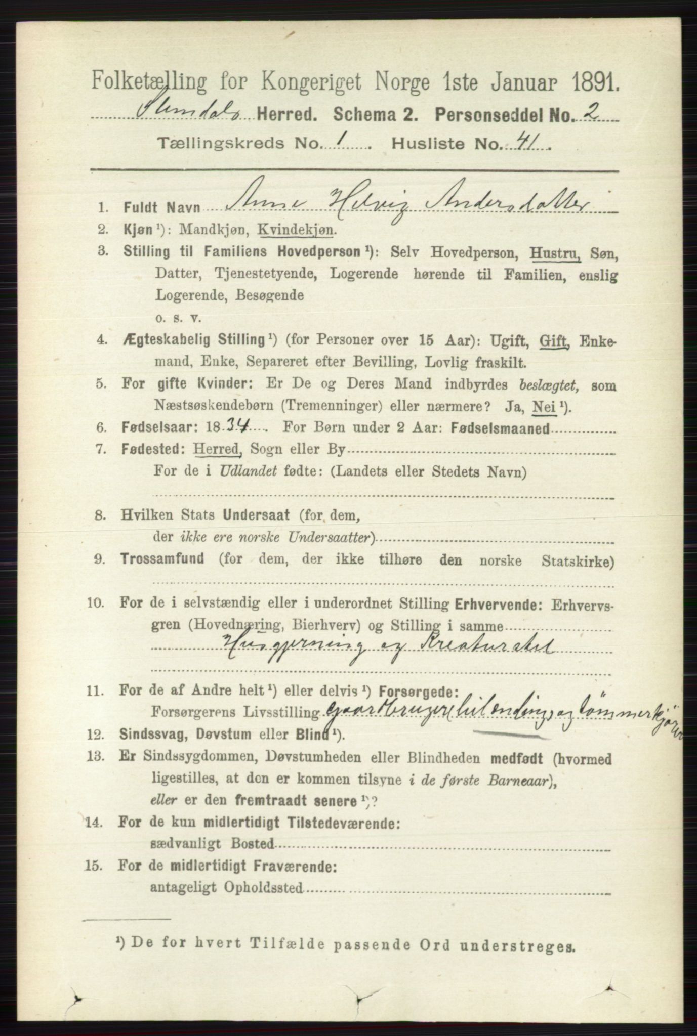 RA, 1891 census for 0811 Slemdal, 1891, p. 303