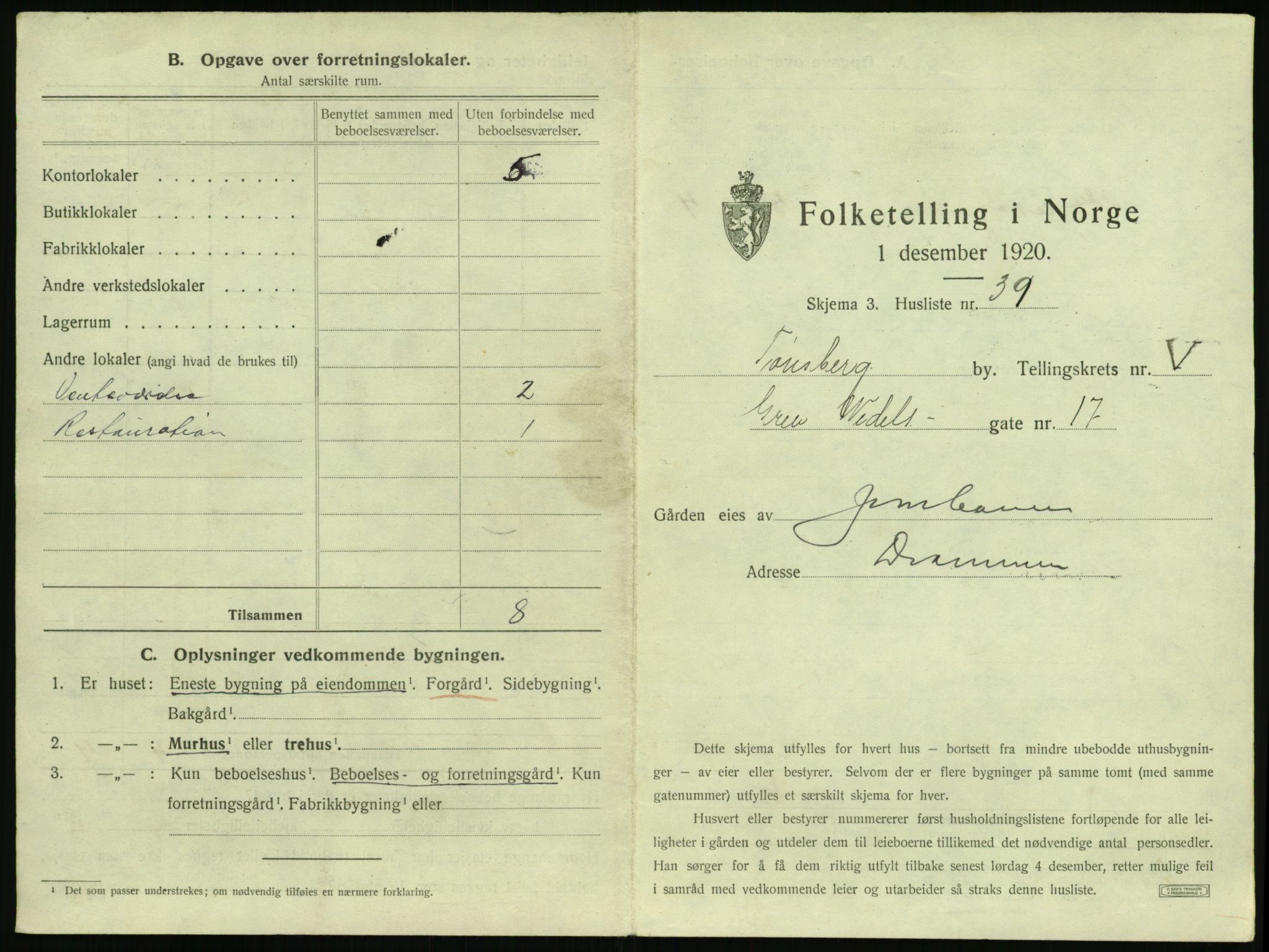 SAKO, 1920 census for Tønsberg, 1920, p. 593