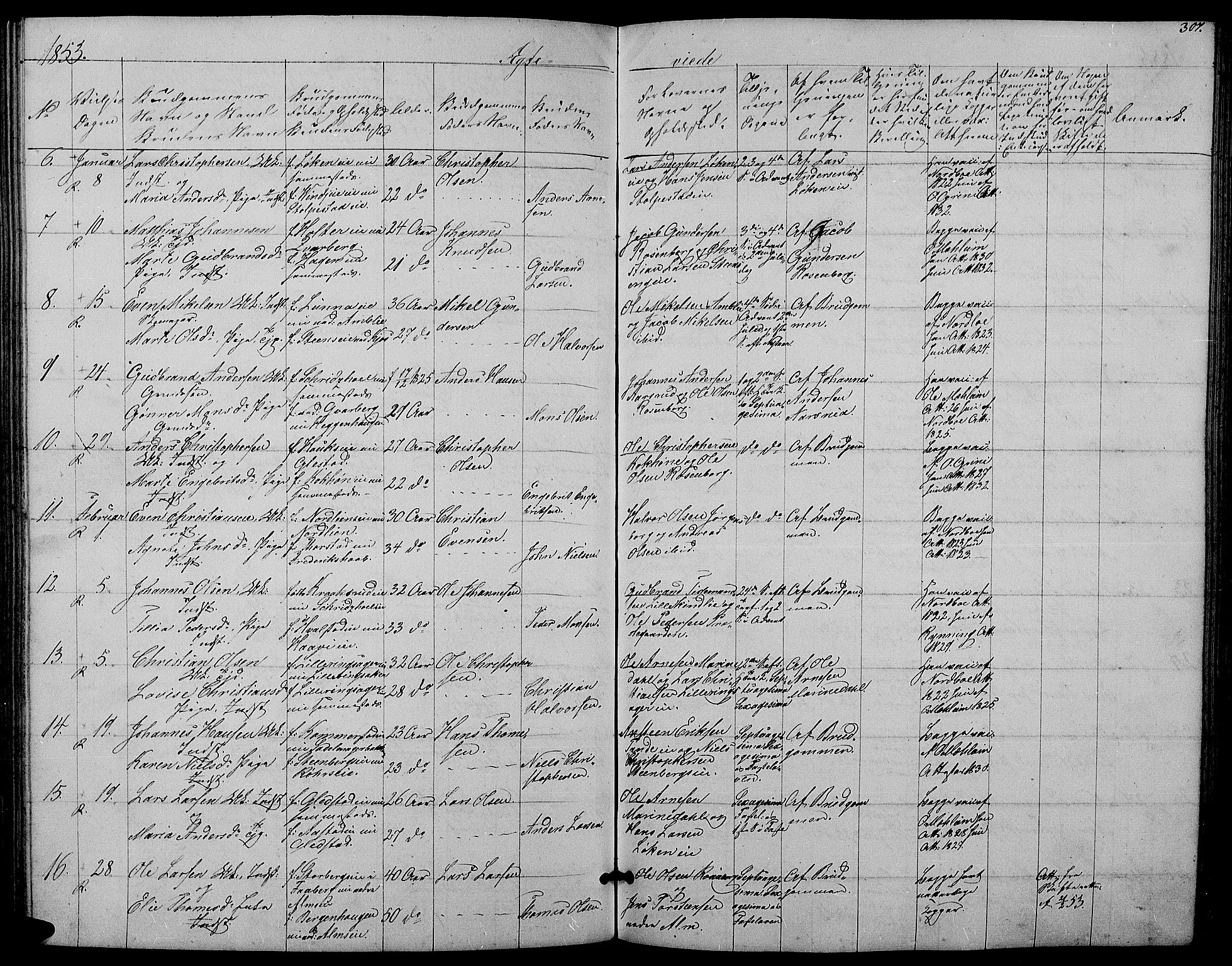 Ringsaker prestekontor, SAH/PREST-014/L/La/L0006: Parish register (copy) no. 6, 1851-1860, p. 307