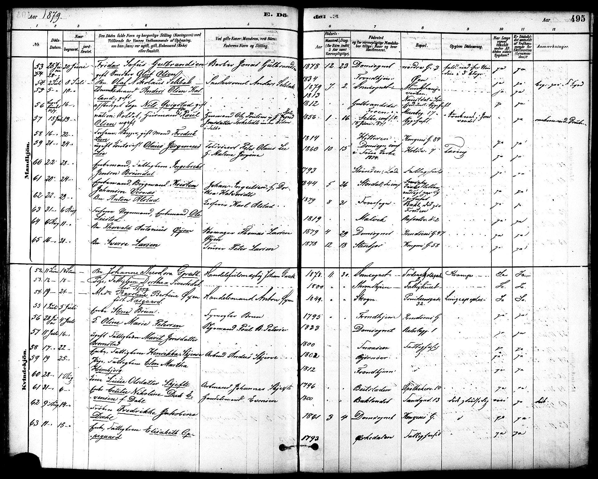 Ministerialprotokoller, klokkerbøker og fødselsregistre - Sør-Trøndelag, SAT/A-1456/601/L0058: Parish register (official) no. 601A26, 1877-1891, p. 495