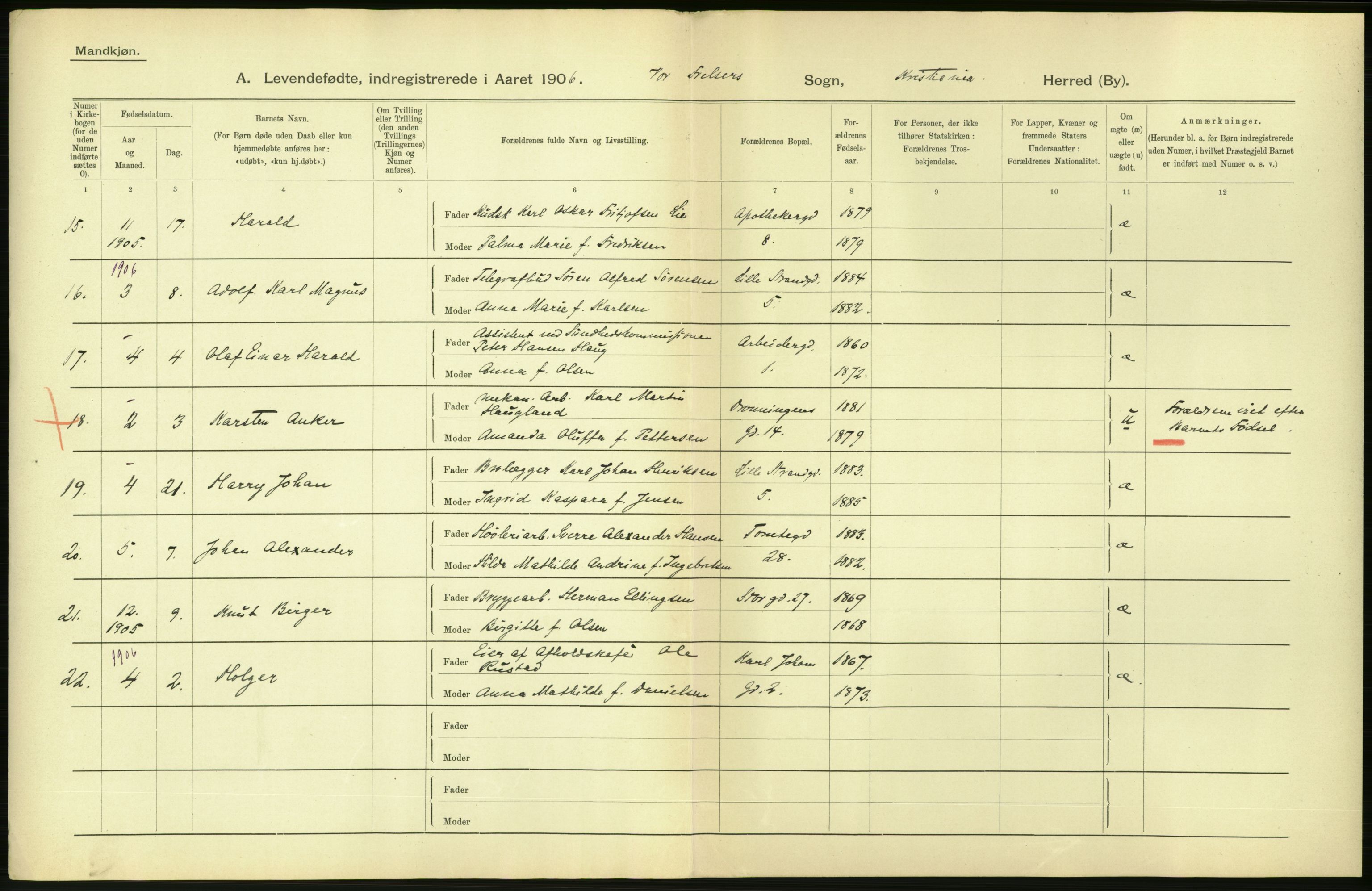 Statistisk sentralbyrå, Sosiodemografiske emner, Befolkning, AV/RA-S-2228/D/Df/Dfa/Dfad/L0007: Kristiania: Levendefødte menn og kvinner., 1906, p. 10