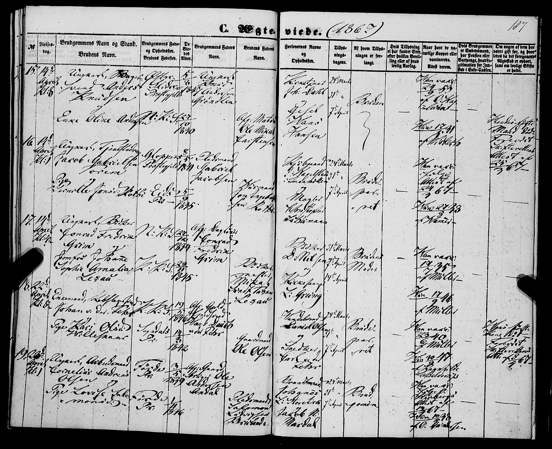Korskirken sokneprestembete, SAB/A-76101/H/Haa/L0035: Parish register (official) no. D 2, 1852-1867, p. 187