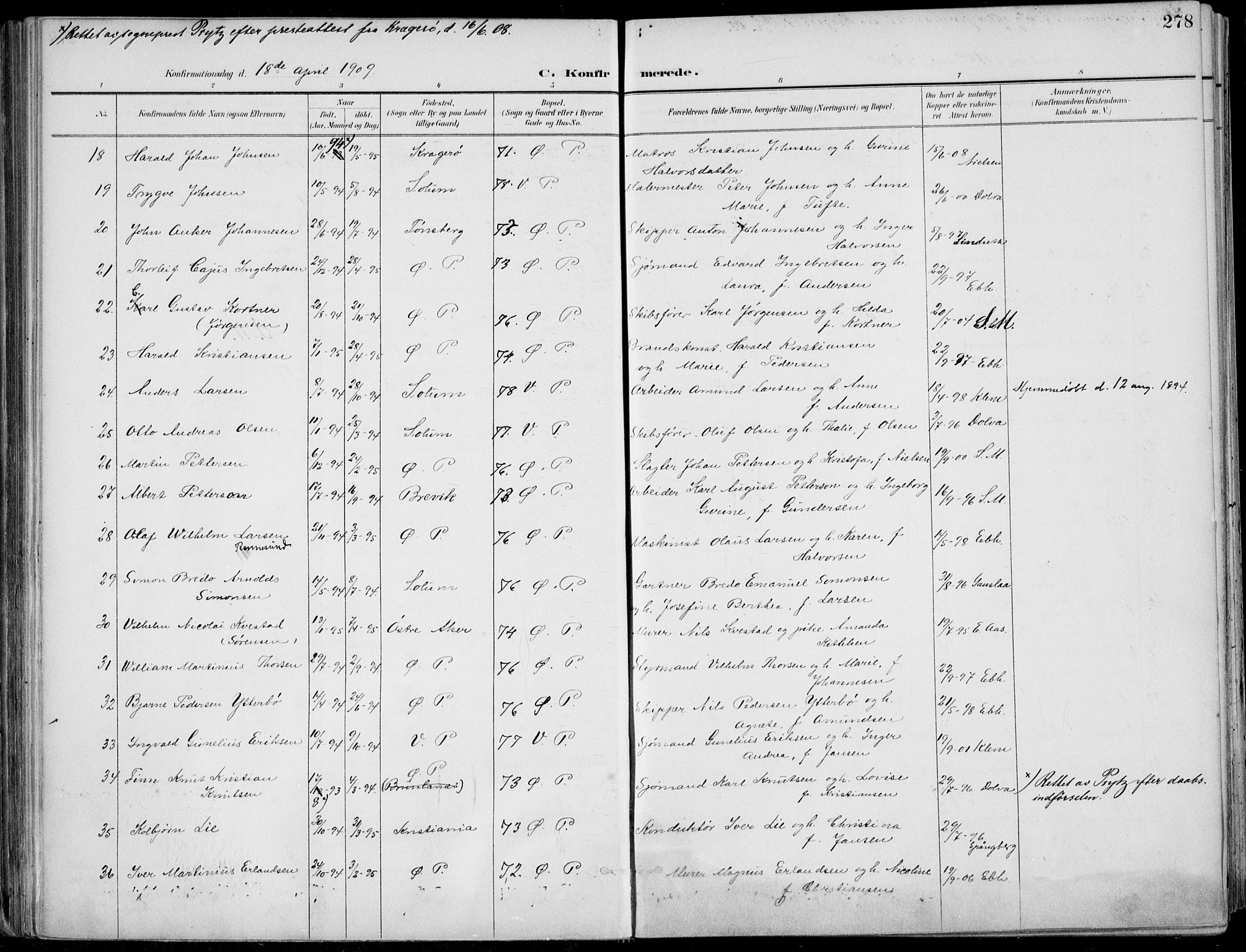 Porsgrunn kirkebøker , SAKO/A-104/F/Fa/L0011: Parish register (official) no. 11, 1895-1919, p. 278