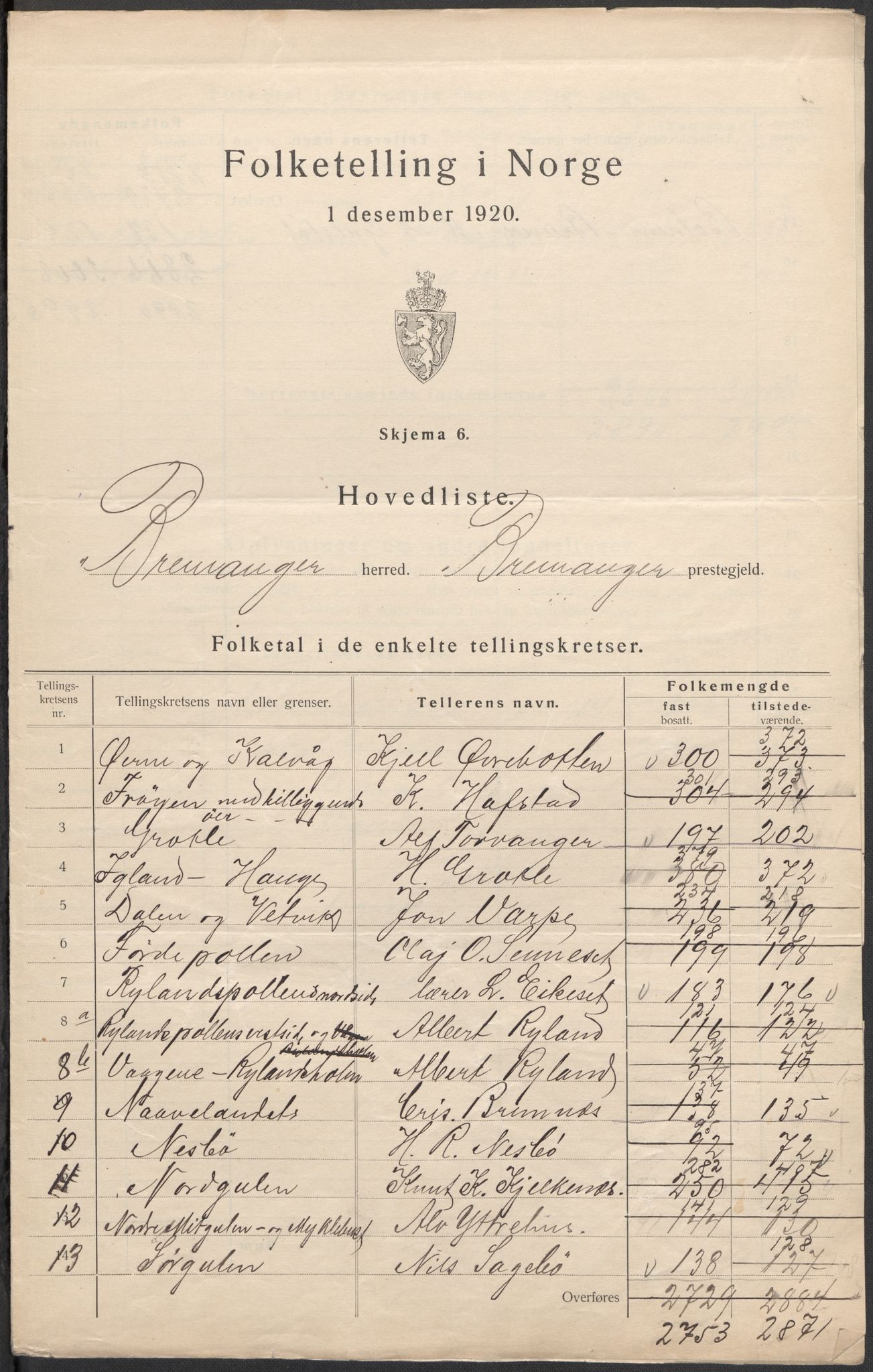 SAB, 1920 census for Bremanger, 1920, p. 3