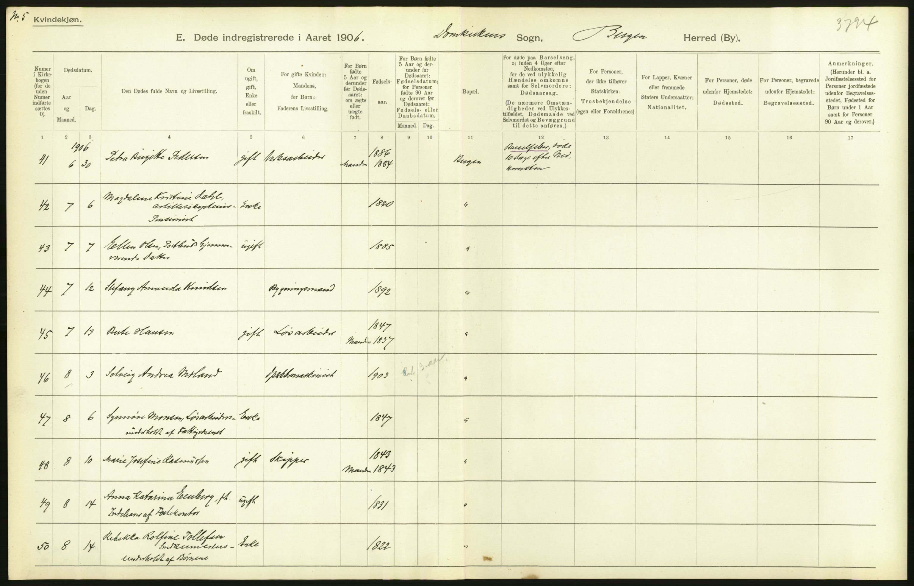 Statistisk sentralbyrå, Sosiodemografiske emner, Befolkning, AV/RA-S-2228/D/Df/Dfa/Dfad/L0032: Bergen: Gifte, døde, dødfødte., 1906, p. 124