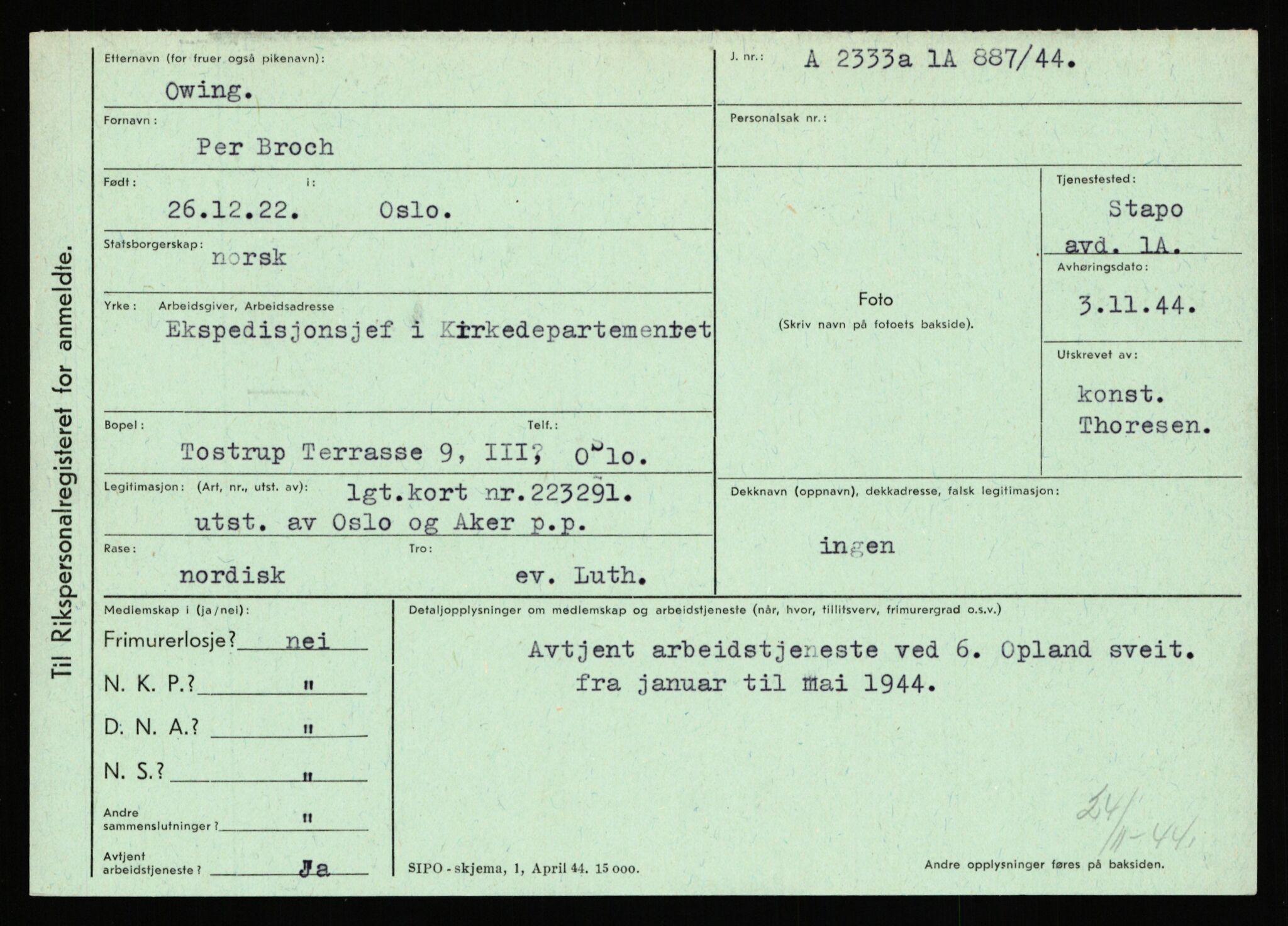 Statspolitiet - Hovedkontoret / Osloavdelingen, AV/RA-S-1329/C/Ca/L0012: Oanæs - Quistgaard	, 1943-1945, p. 2854