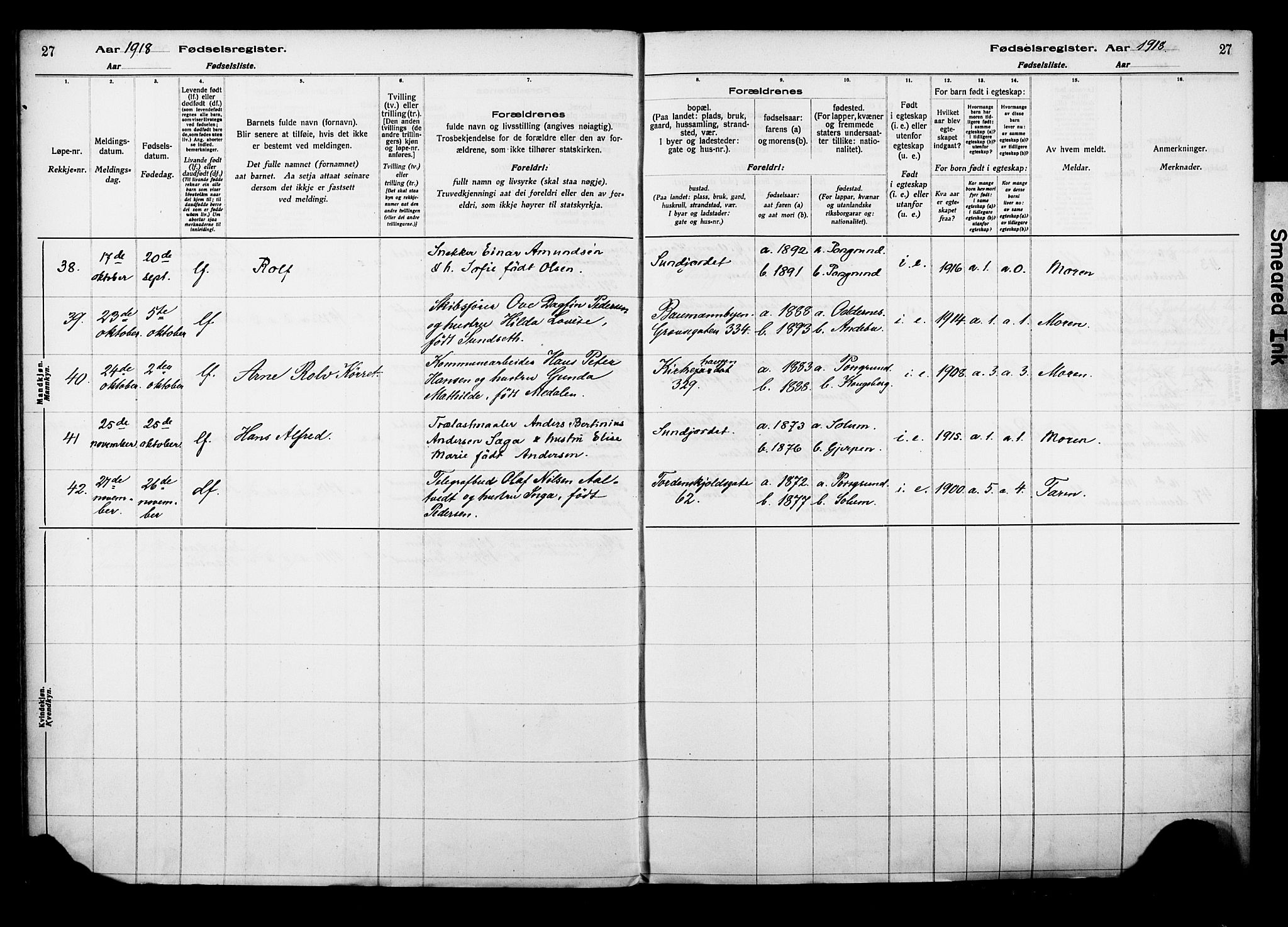 Porsgrunn kirkebøker , AV/SAKO-A-104/J/Ja/L0001: Birth register no. 1, 1916-1929, p. 27