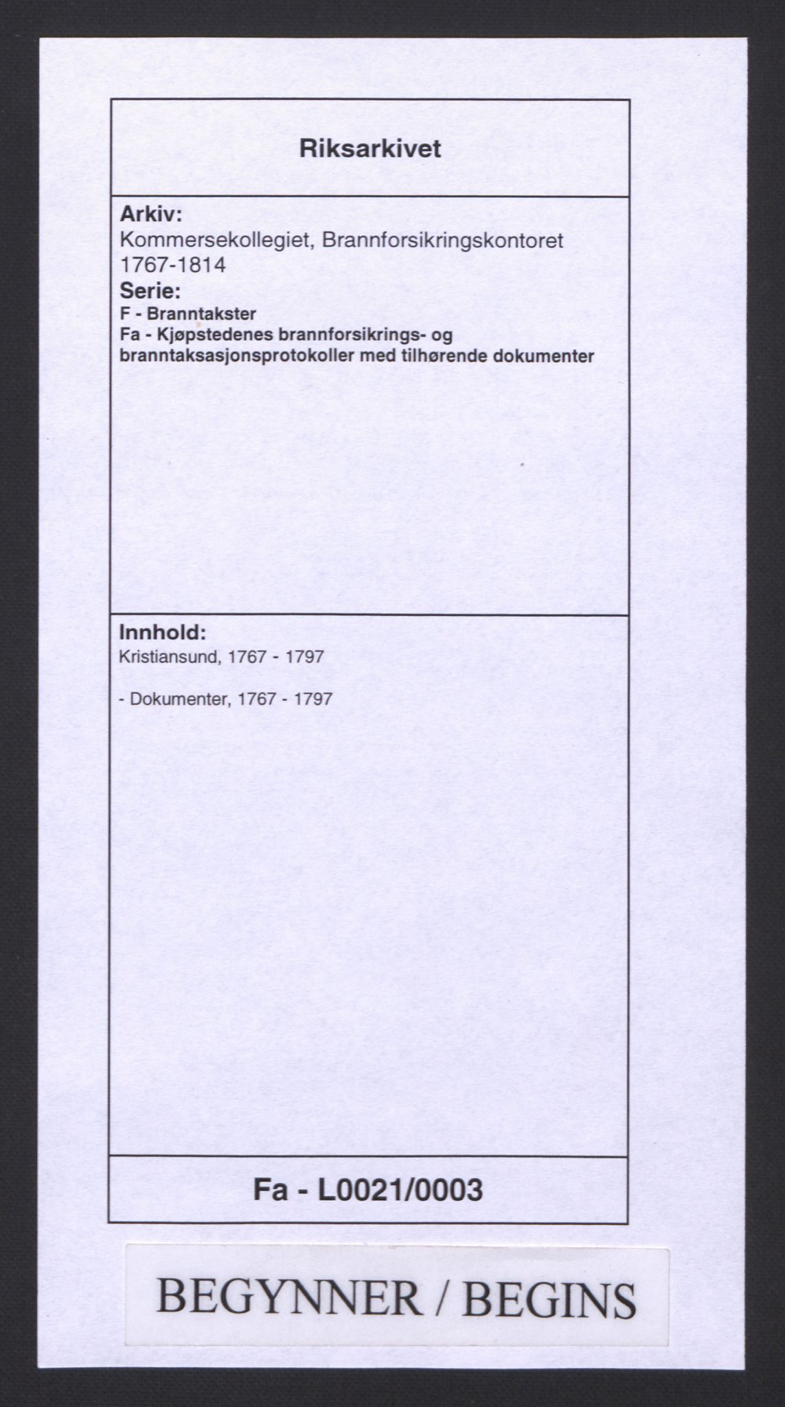 Kommersekollegiet, Brannforsikringskontoret 1767-1814, RA/EA-5458/F/Fa/L0021/0003: Kristiansund / Dokumenter, 1767-1797