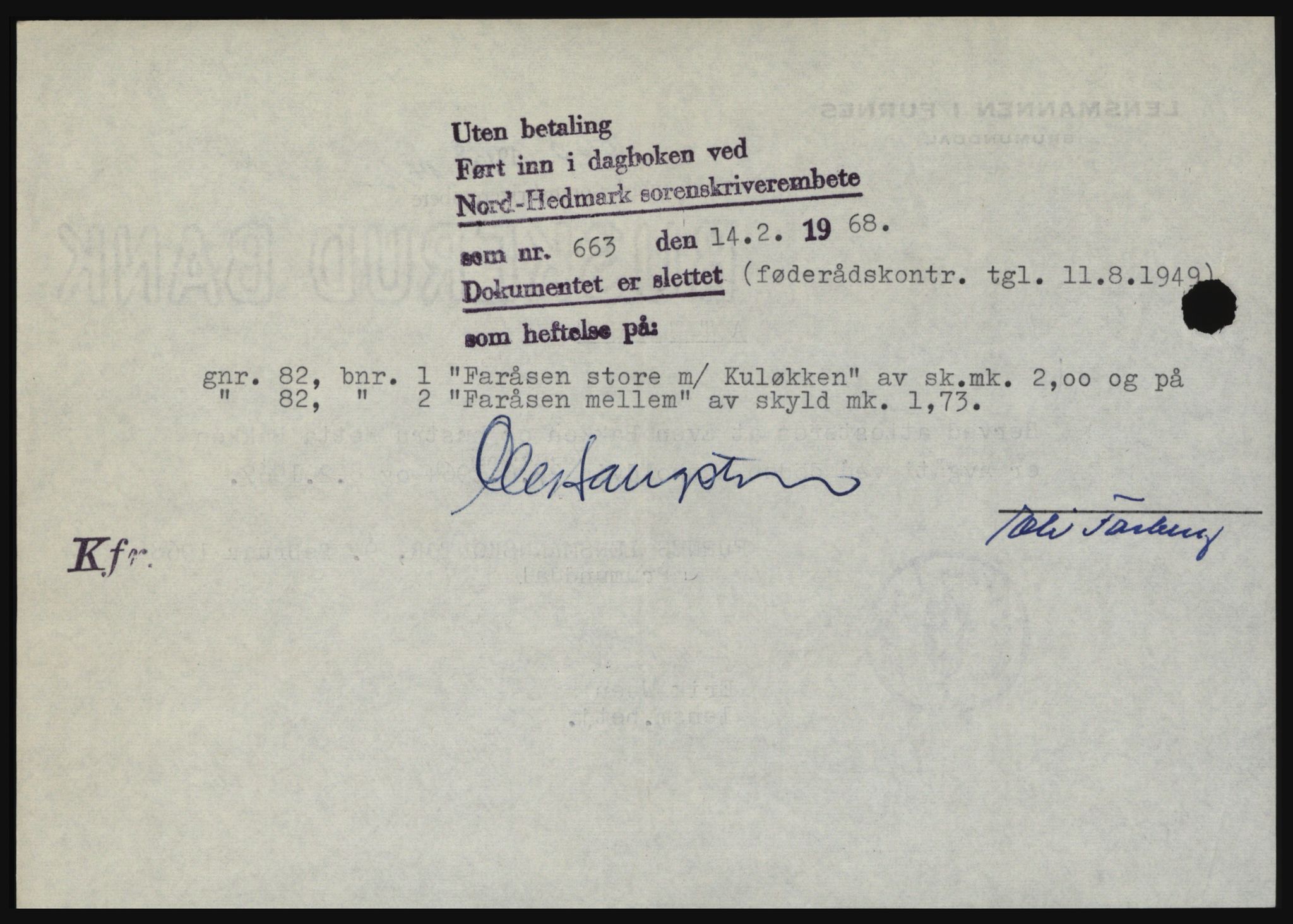 Nord-Hedmark sorenskriveri, SAH/TING-012/H/Hc/L0027: Mortgage book no. 27, 1967-1968, Diary no: : 663/1968