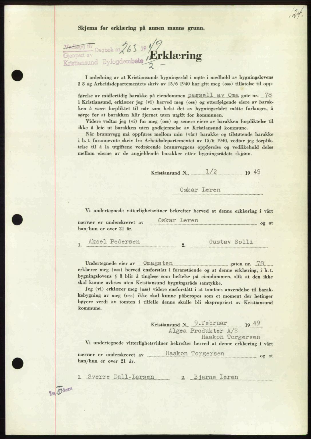 Kristiansund byfogd, AV/SAT-A-4587/A/27: Mortgage book no. 45, 1948-1949, Diary no: : 263/1949