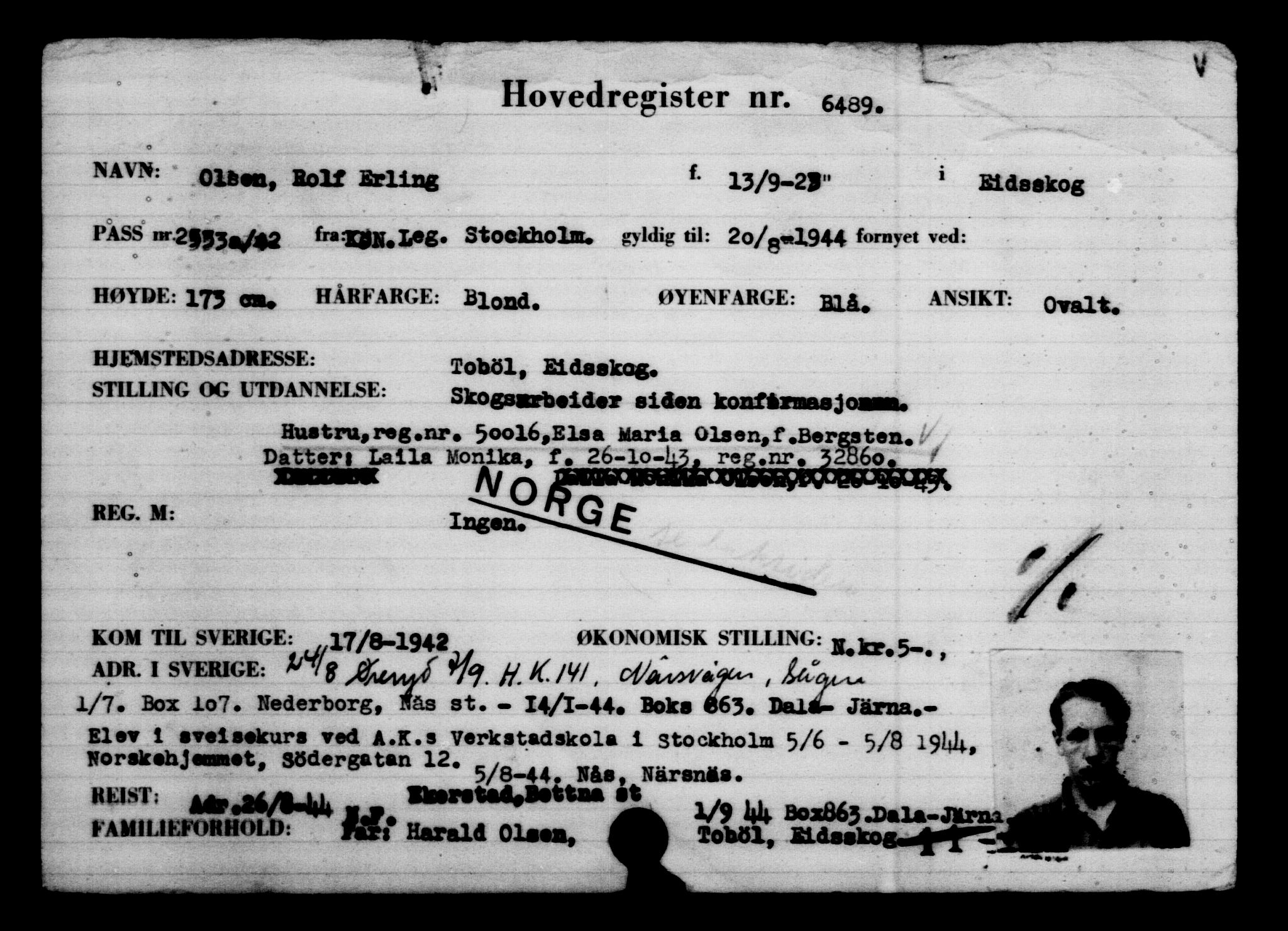 Utenriksstasjonene, Legasjonen i Stockholm, Flyktningkontoret, AV/RA-S-6753/V/Va/L0004: Kjesäterkartoteket, flyktninger med registreringsnr. 3496-6610, 1940-1945, p. 3544