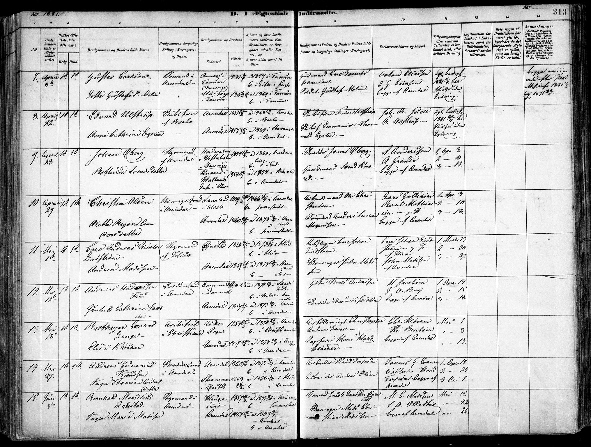 Arendal sokneprestkontor, Trefoldighet, AV/SAK-1111-0040/F/Fa/L0008: Parish register (official) no. A 8, 1878-1899, p. 313