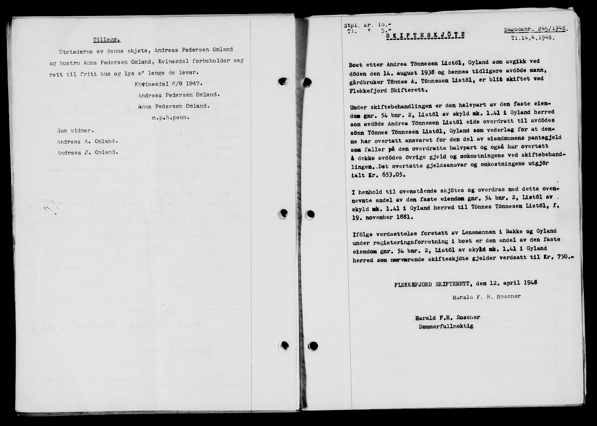 Flekkefjord sorenskriveri, SAK/1221-0001/G/Gb/Gba/L0063: Mortgage book no. A-11, 1947-1948, Diary no: : 245/1948
