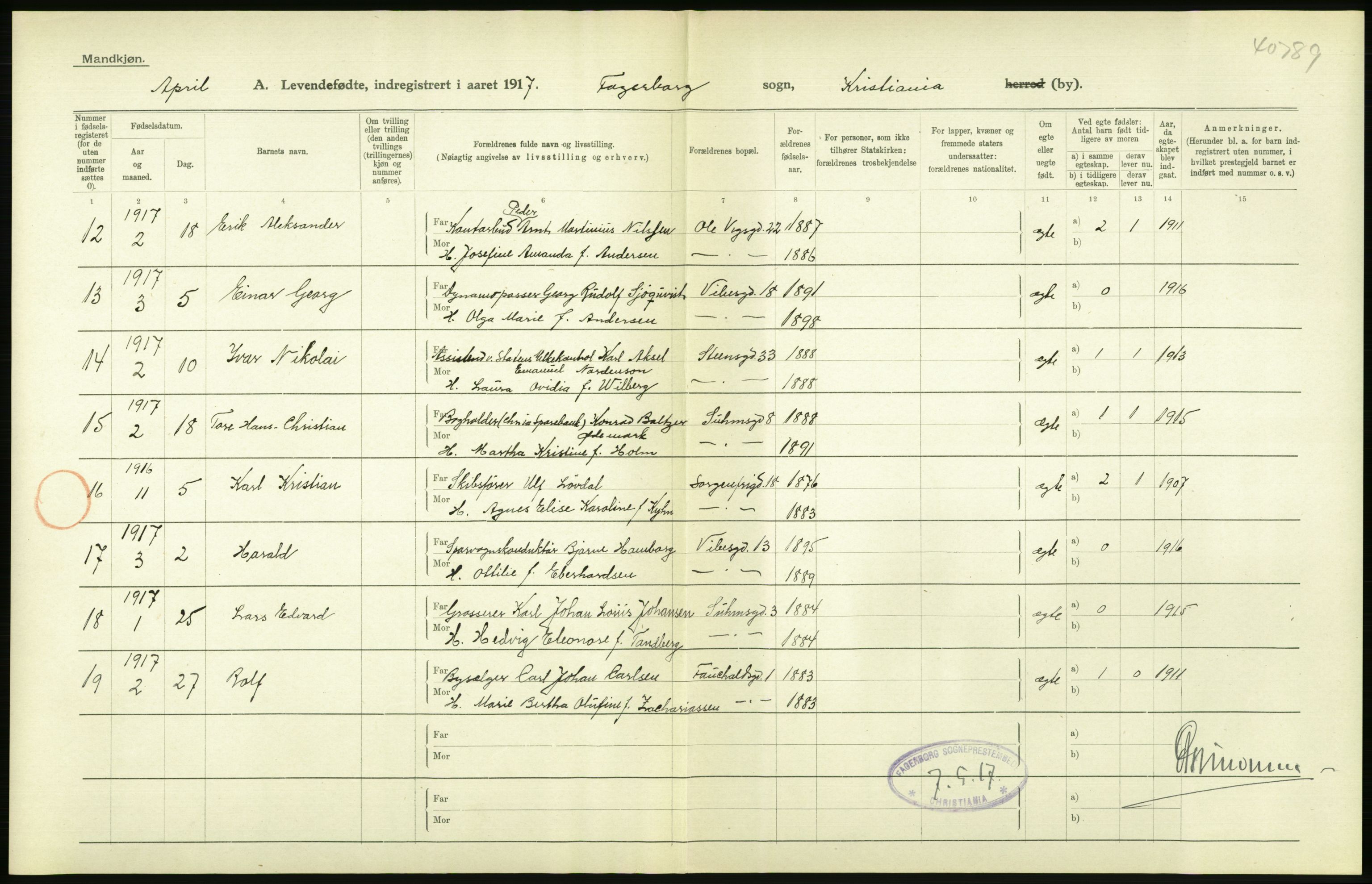 Statistisk sentralbyrå, Sosiodemografiske emner, Befolkning, AV/RA-S-2228/D/Df/Dfb/Dfbg/L0006: Kristiania: Levendefødte menn og kvinner., 1917, p. 72