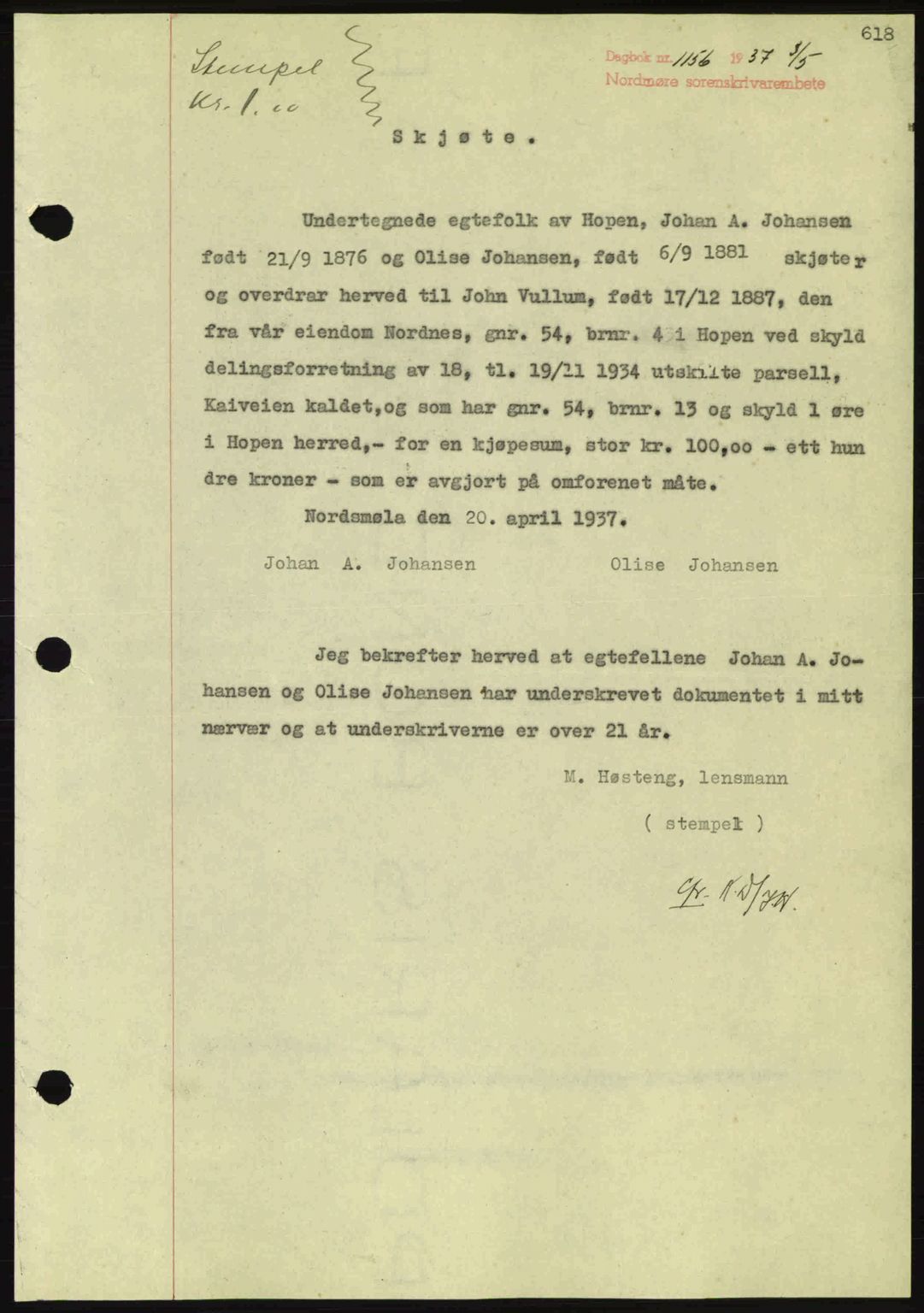 Nordmøre sorenskriveri, AV/SAT-A-4132/1/2/2Ca: Mortgage book no. A81, 1937-1937, Diary no: : 1156/1937