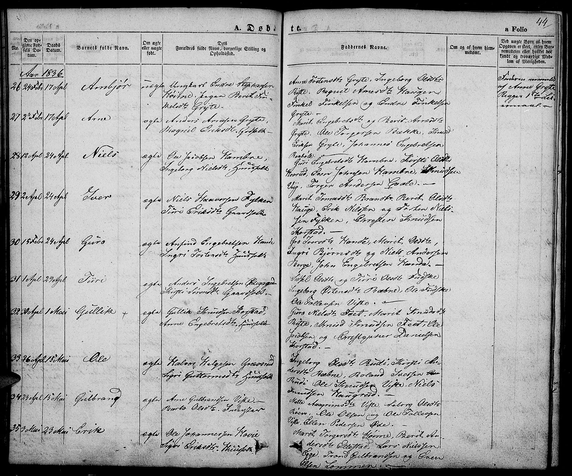 Slidre prestekontor, SAH/PREST-134/H/Ha/Haa/L0003: Parish register (official) no. 3, 1831-1843, p. 44