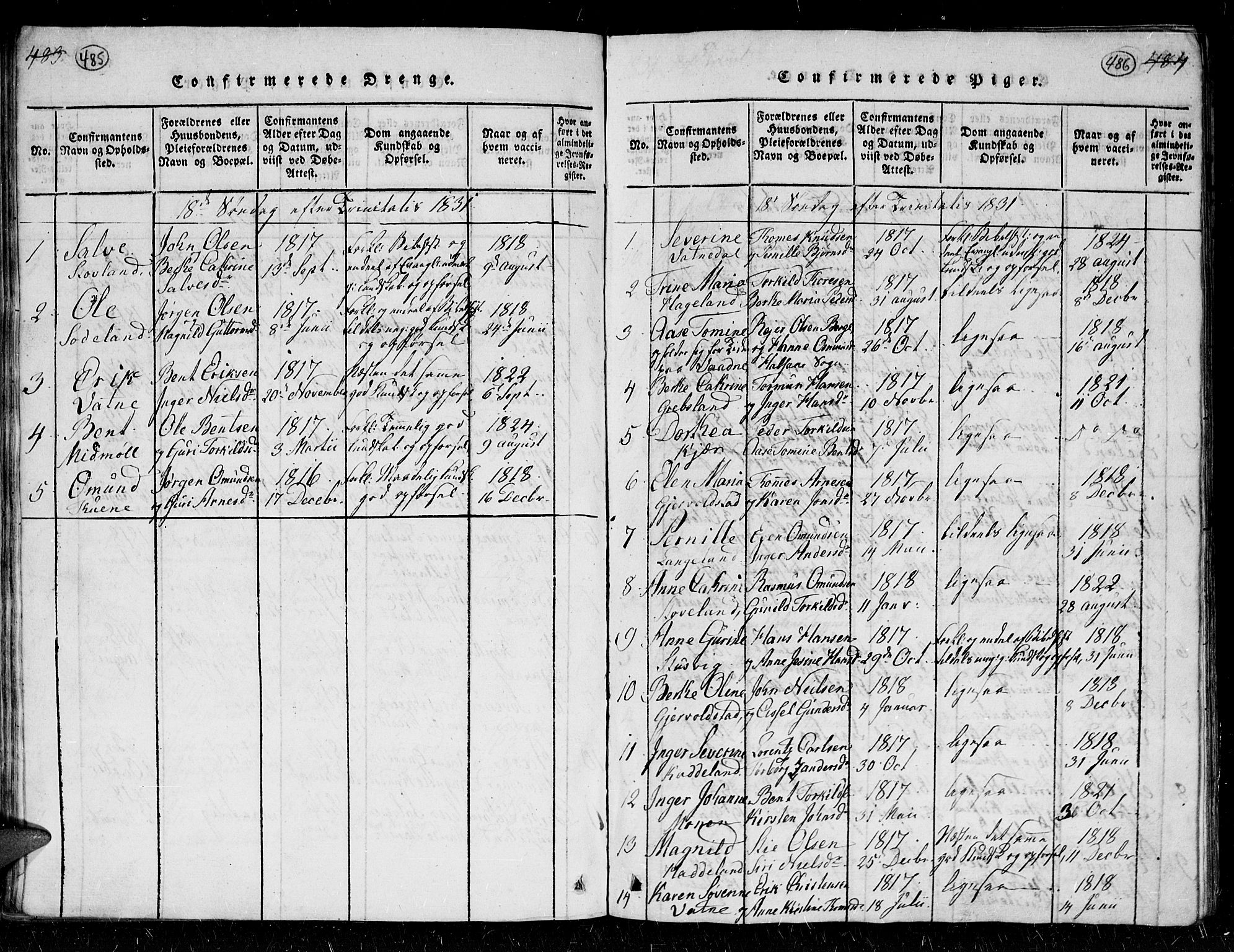 Holum sokneprestkontor, SAK/1111-0022/F/Fb/Fba/L0002: Parish register (copy) no. B 2, 1820-1849, p. 485-486