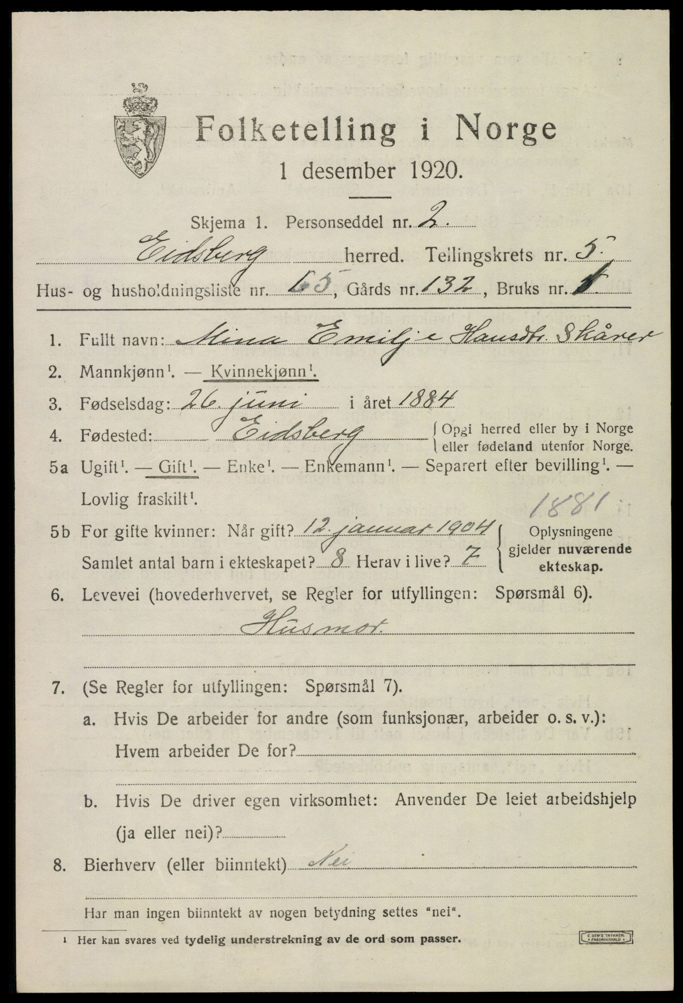 SAO, 1920 census for Eidsberg, 1920, p. 7465