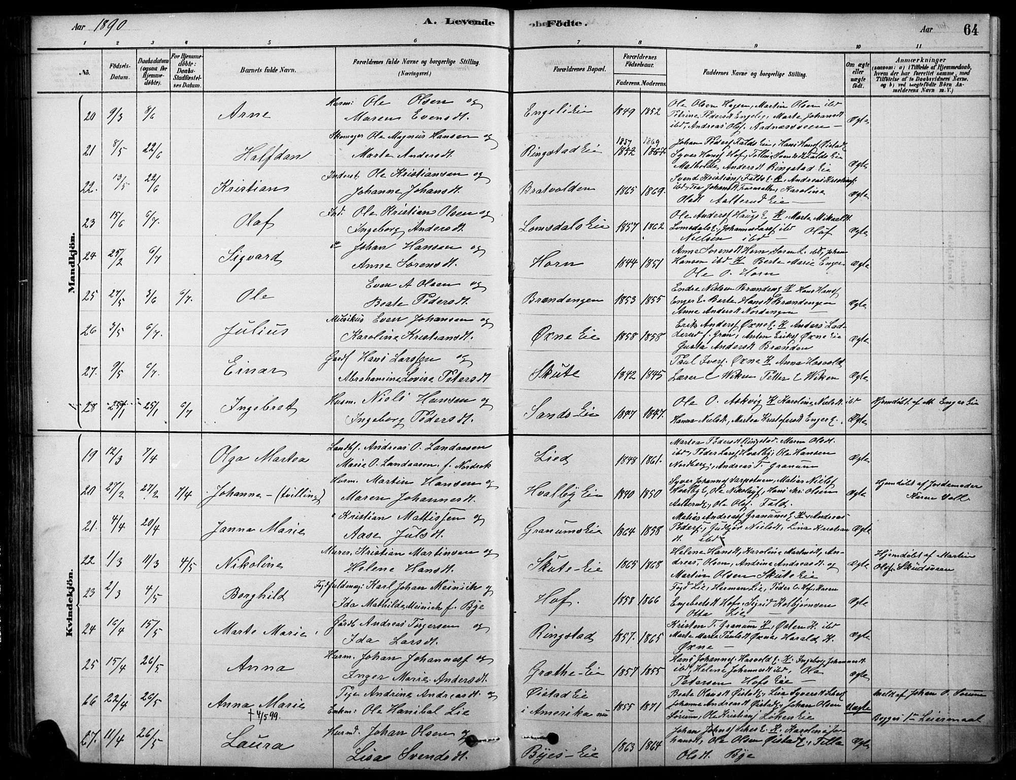 Søndre Land prestekontor, AV/SAH-PREST-122/K/L0003: Parish register (official) no. 3, 1878-1894, p. 64