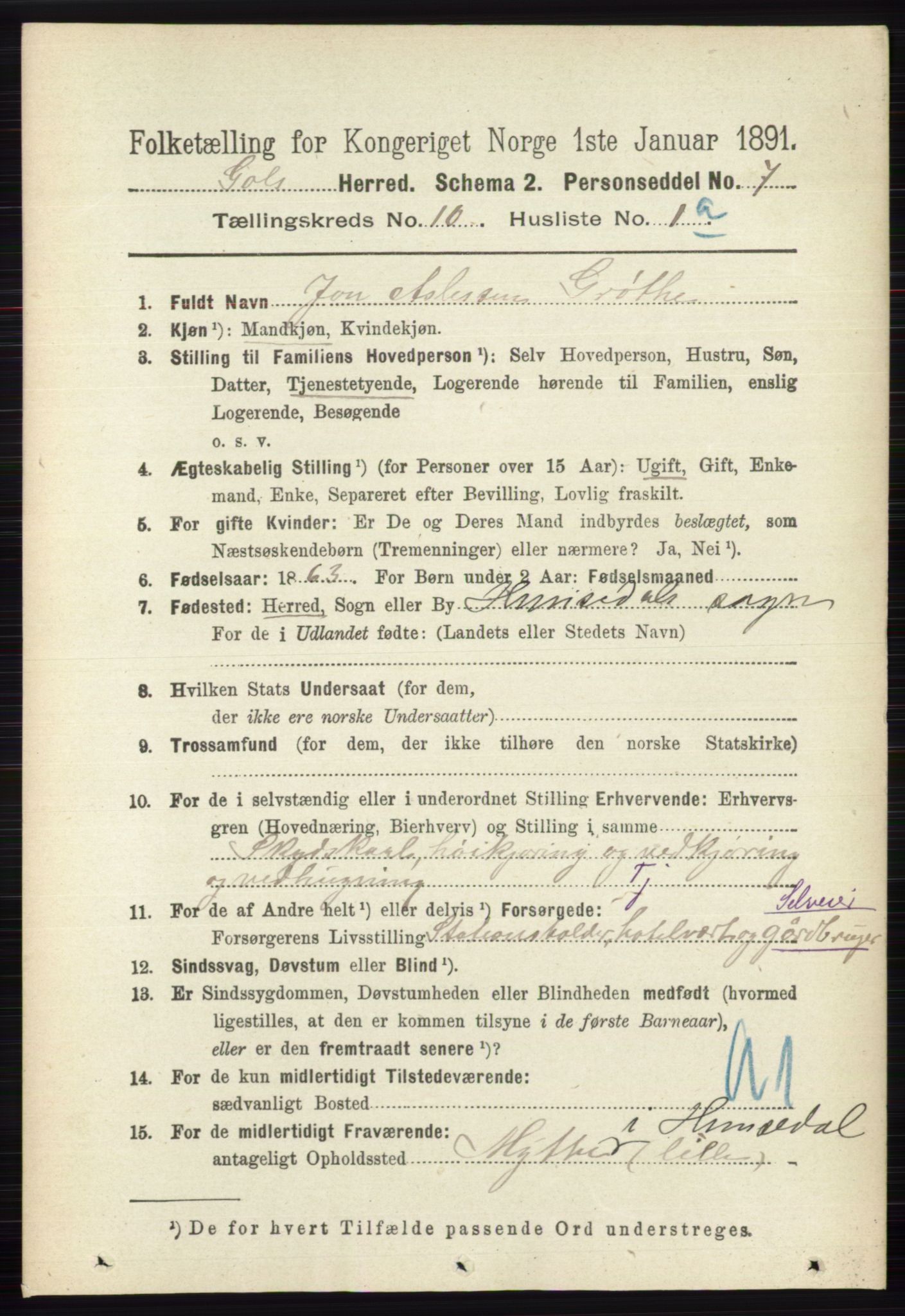 RA, 1891 census for 0617 Gol og Hemsedal, 1891, p. 4035