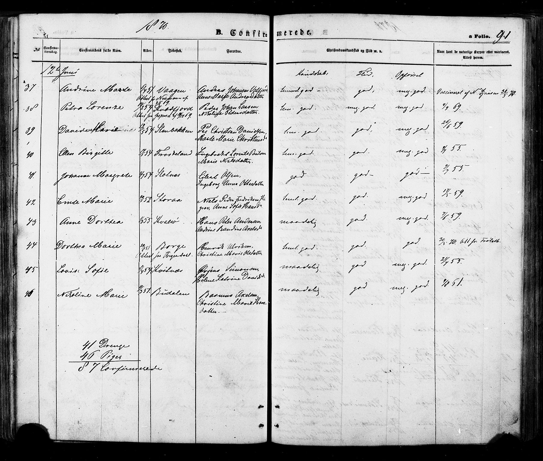 Ministerialprotokoller, klokkerbøker og fødselsregistre - Nordland, AV/SAT-A-1459/888/L1242: Parish register (official) no. 888A08, 1870-1875, p. 91